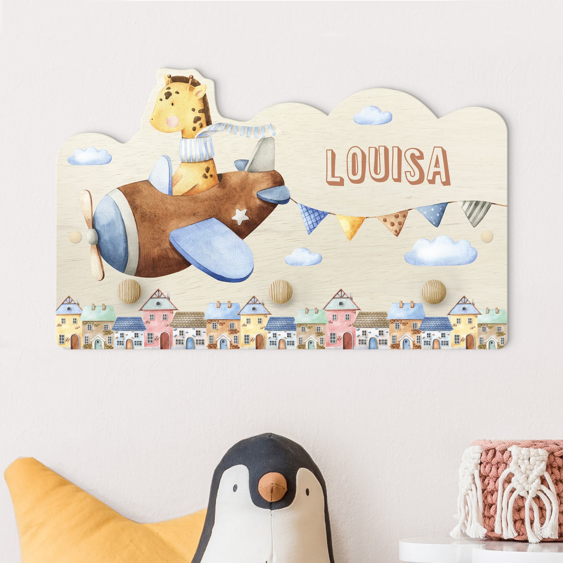 Kindergarderobe Holz mit Namen Aquarell Tierpilot Giraffe mit Wunschname