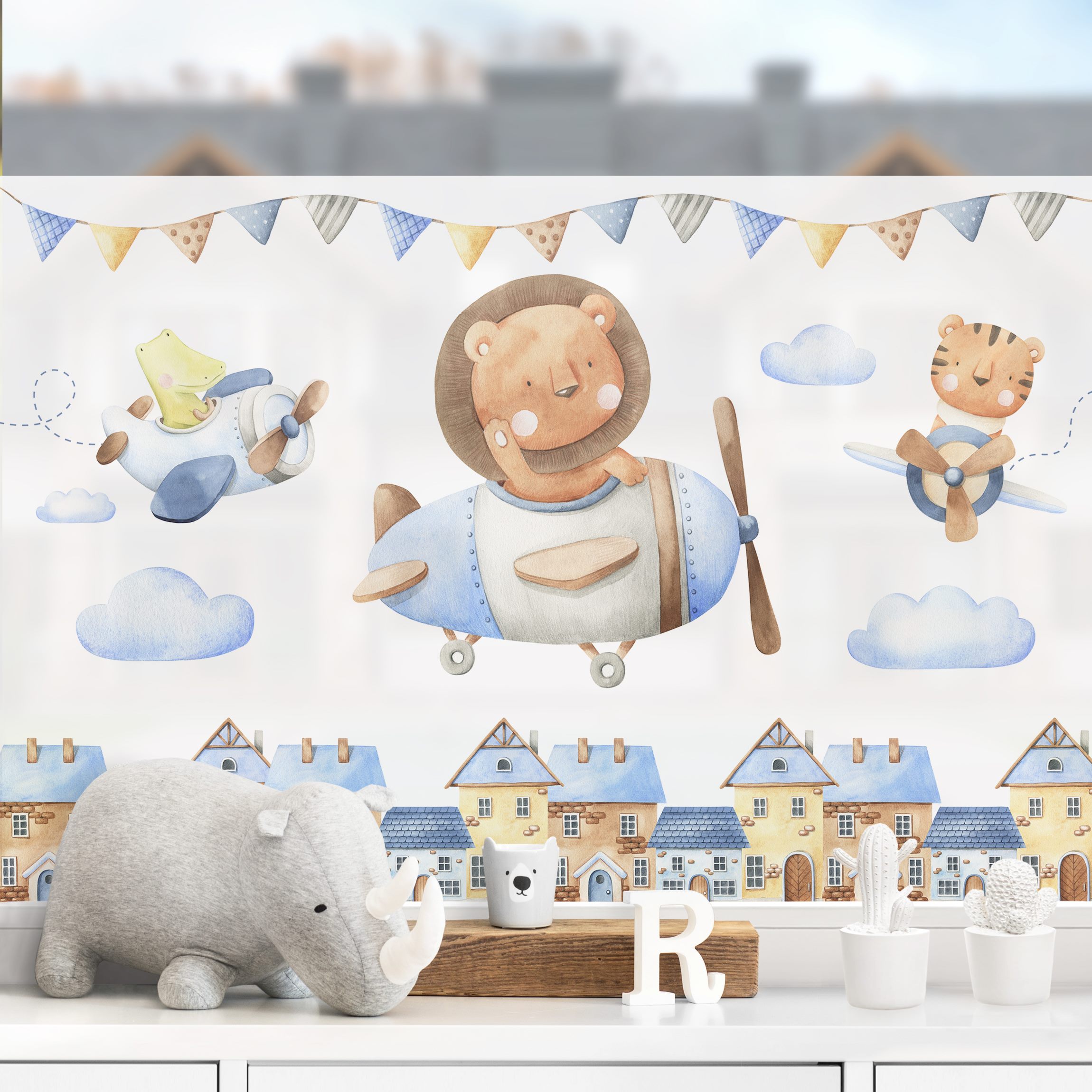 Fensterfolie Aquarell Tierpilot Löwe Krokodil und Tiger