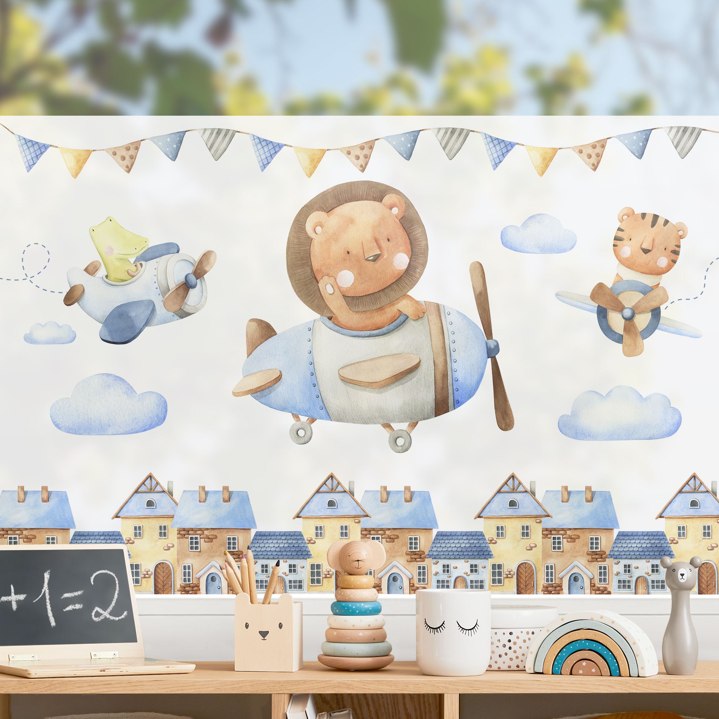 Fensterfolie Aquarell Tierpilot Löwe Krokodil und Tiger