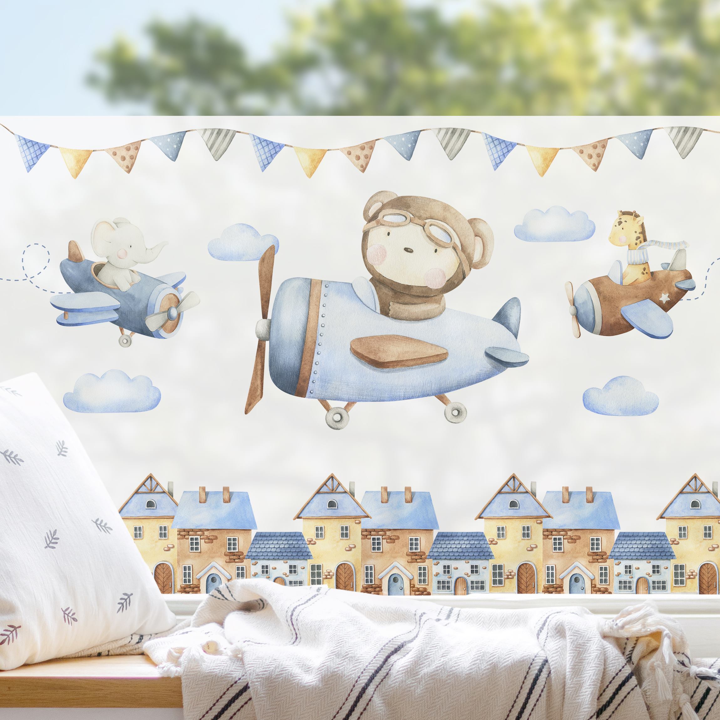 Fensterfolie Aquarell Tierpilot Teddy Elefant und Giraffe