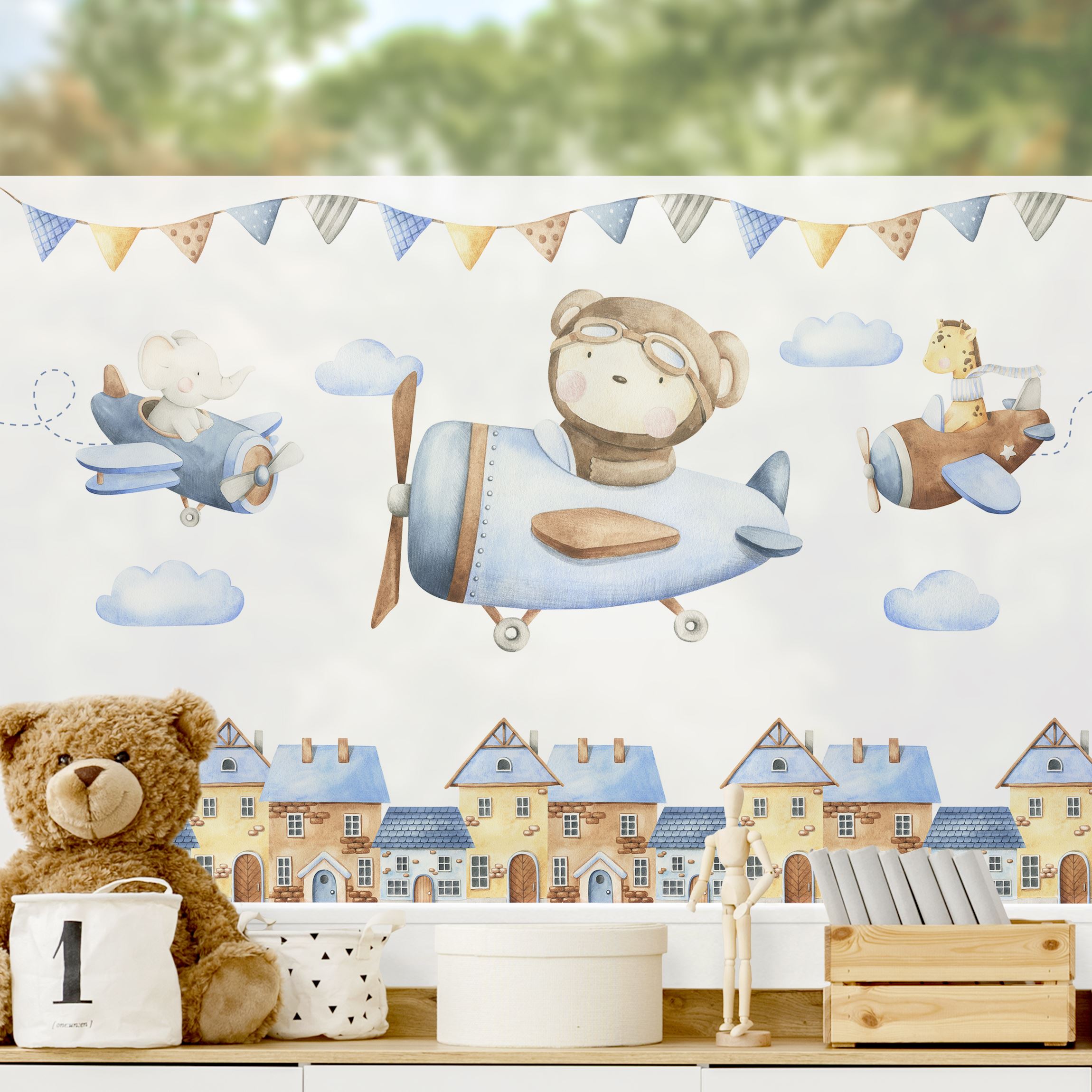 Fensterfolie Aquarell Tierpilot Teddy Elefant und Giraffe