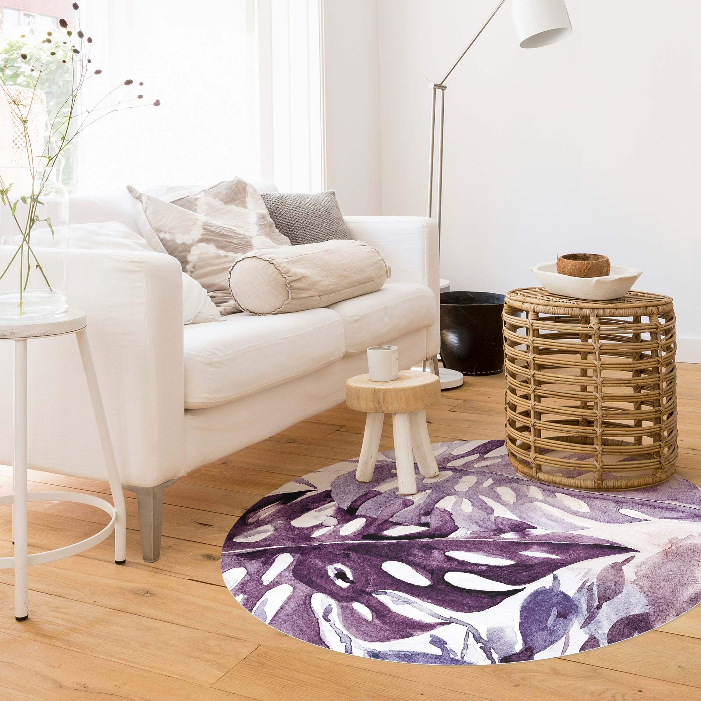 Runder Vinyl-Teppich Aquarell Tropische Blätter mit Monstera in Aubergine
