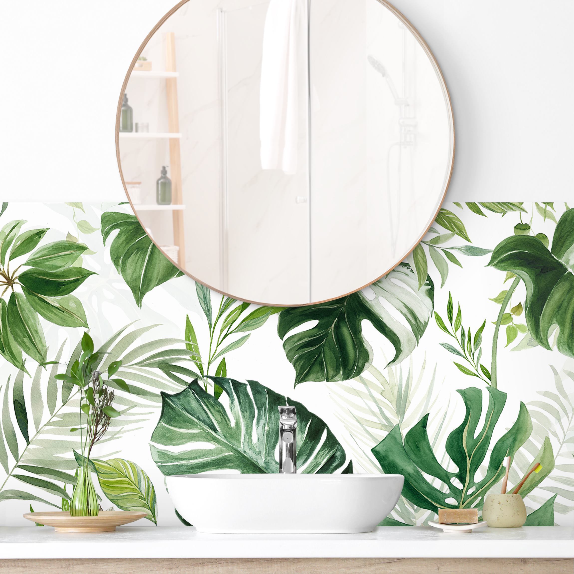 Wandverkleidung Bad Aquarell Tropische Blätter und Ranken II
