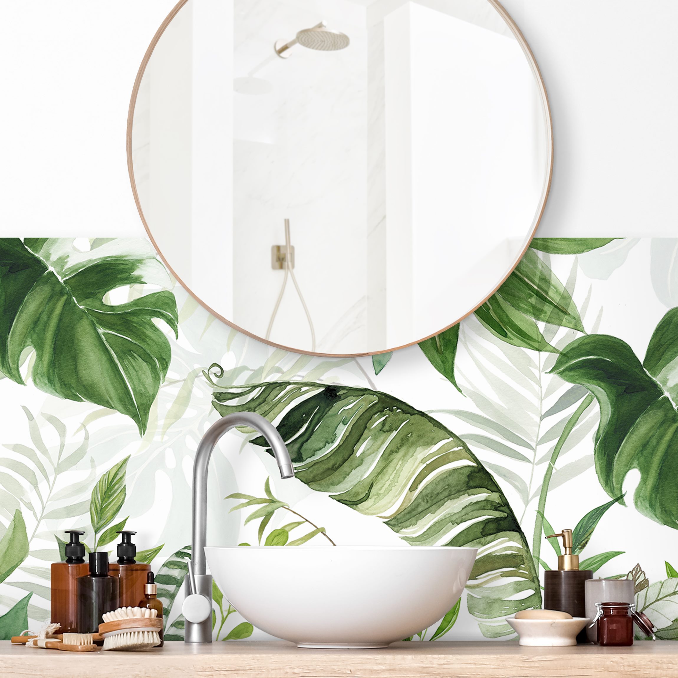 Wandverkleidung Bad Aquarell Tropische Blätter und Ranken II