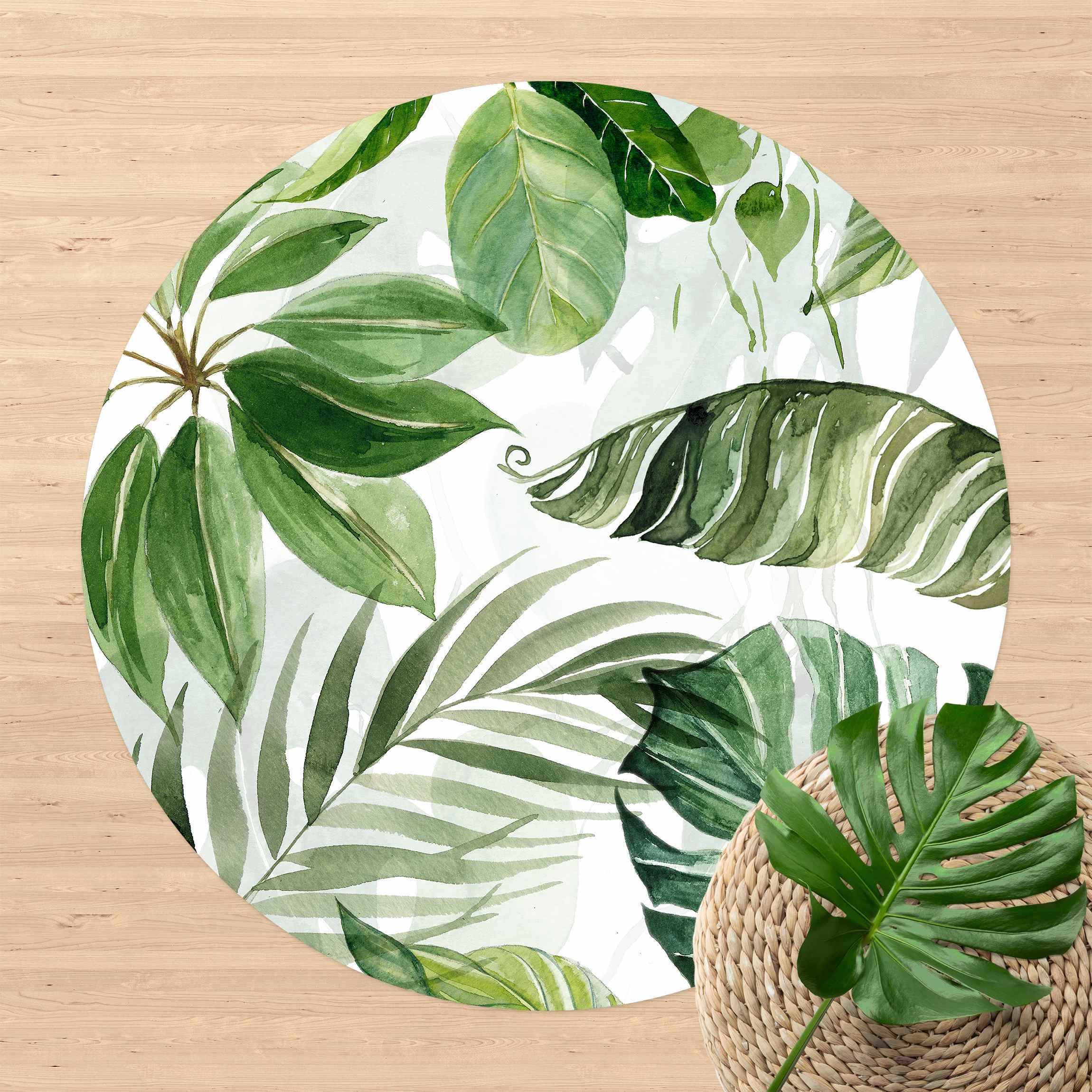 Runder Vinyl-Teppich Aquarell Tropische Blätter und Ranken