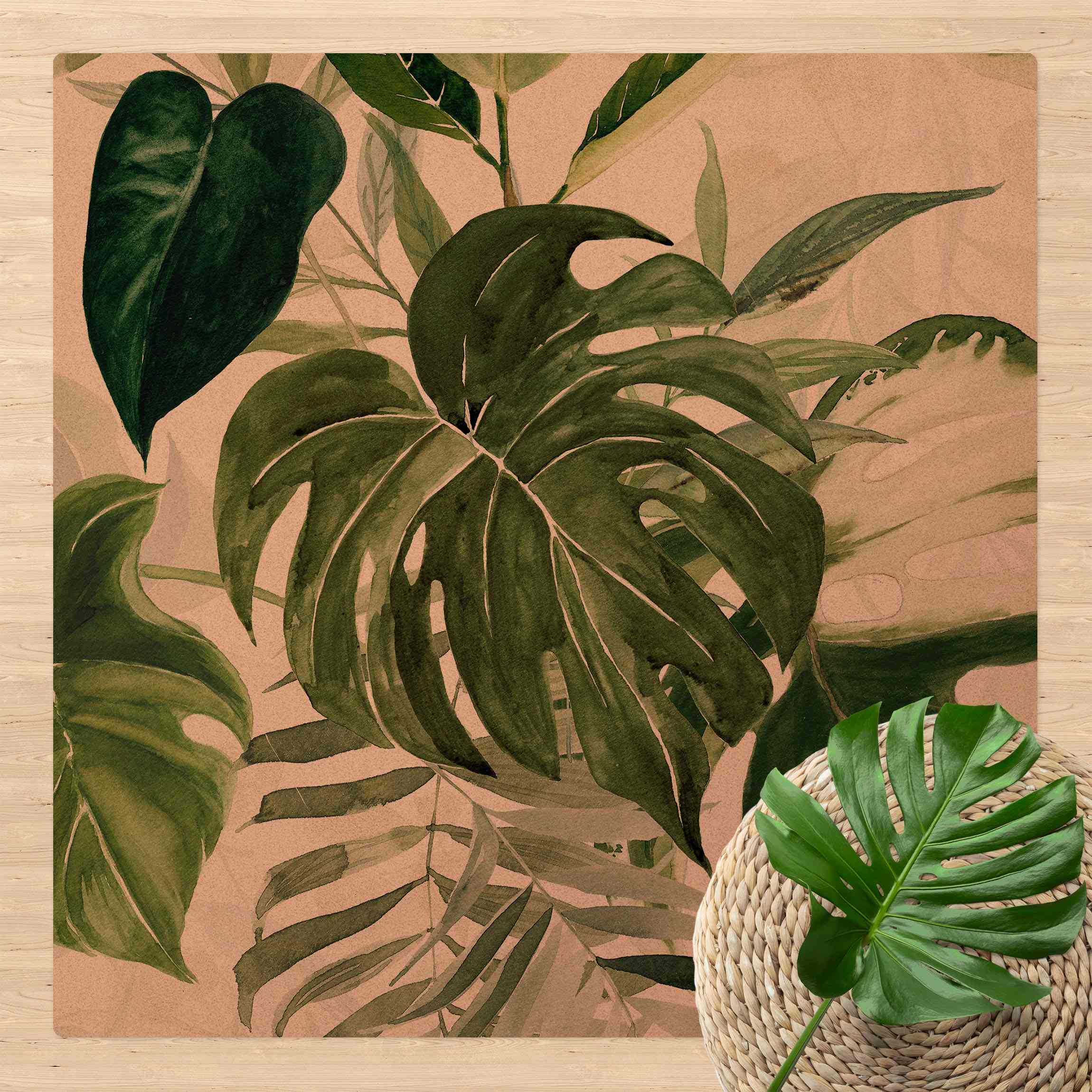 Kork-Teppich Aquarell Tropisches Arrangement mit Monstera