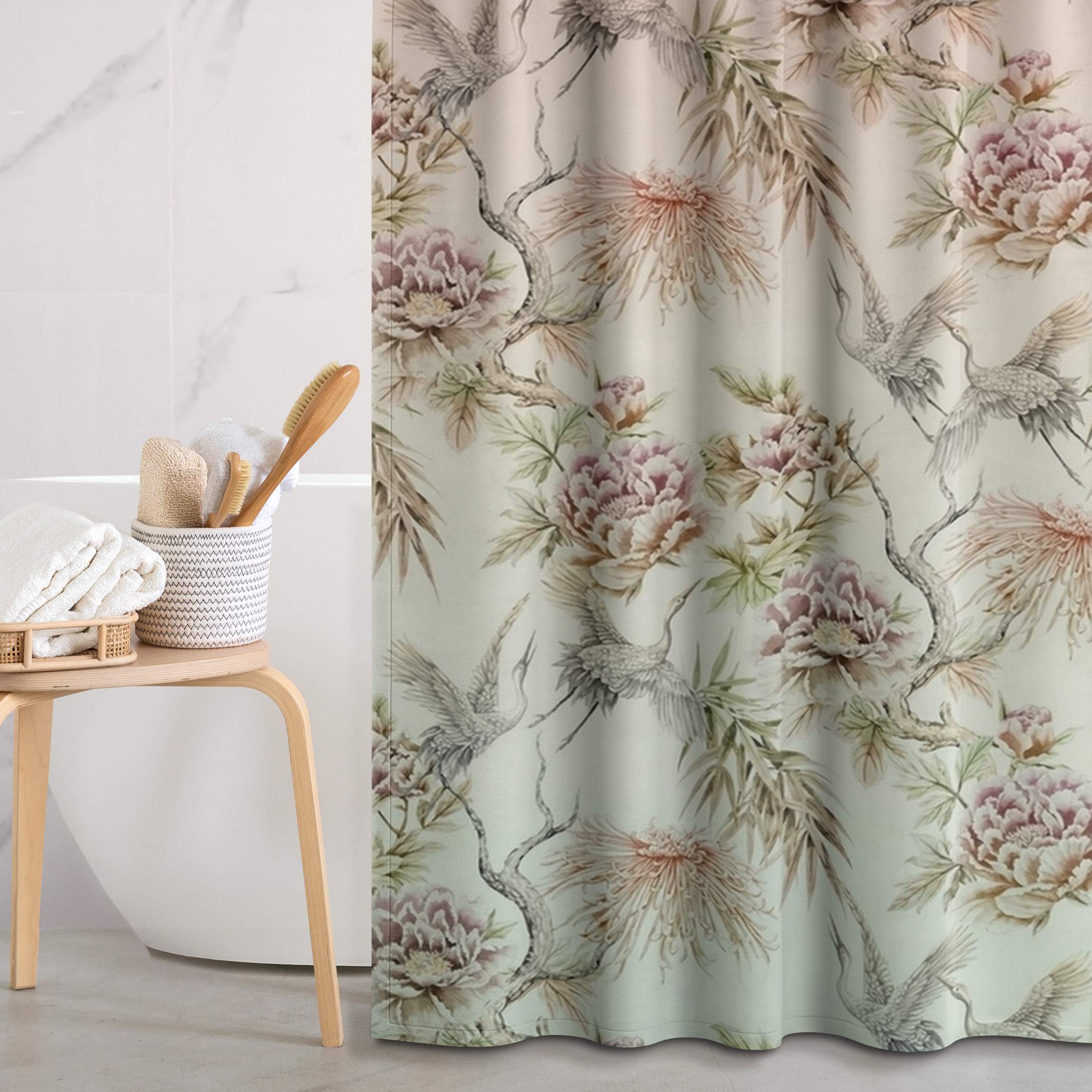 Duschvorhang Aquarell Vögel mit großen Blüten in Ombre