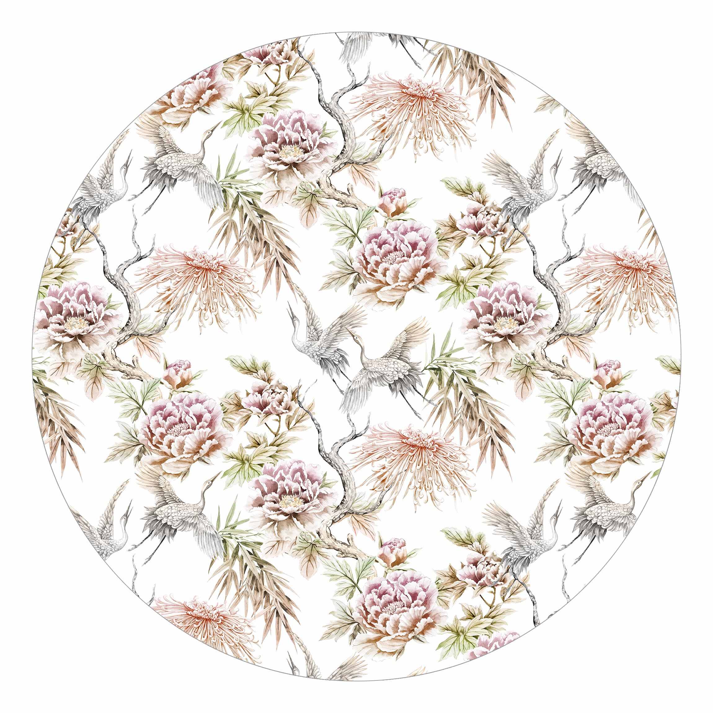 Runde Fototapete Aquarell Vögel mit großen Blüten