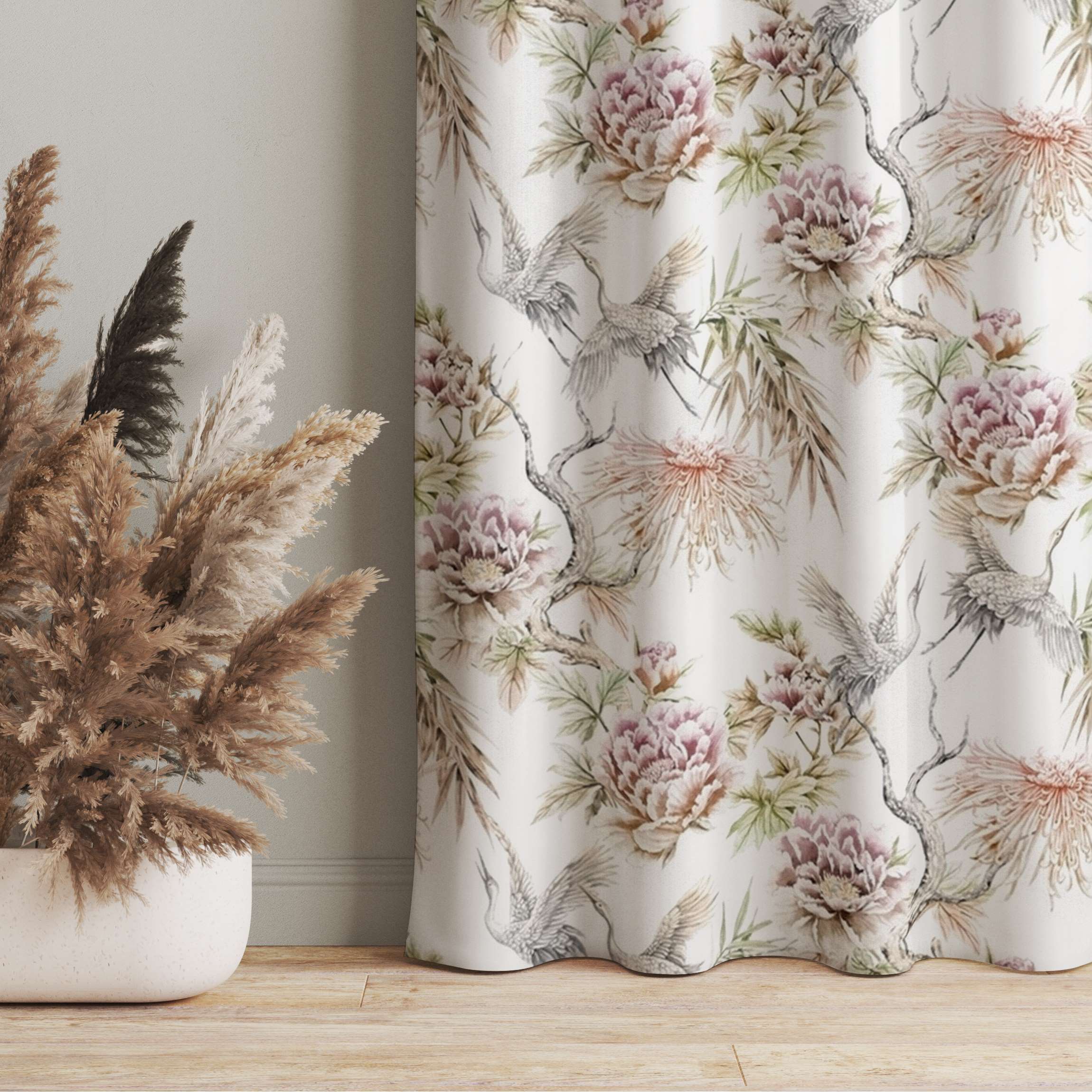 Vorhang Aquarell Vögel mit großen Blüten