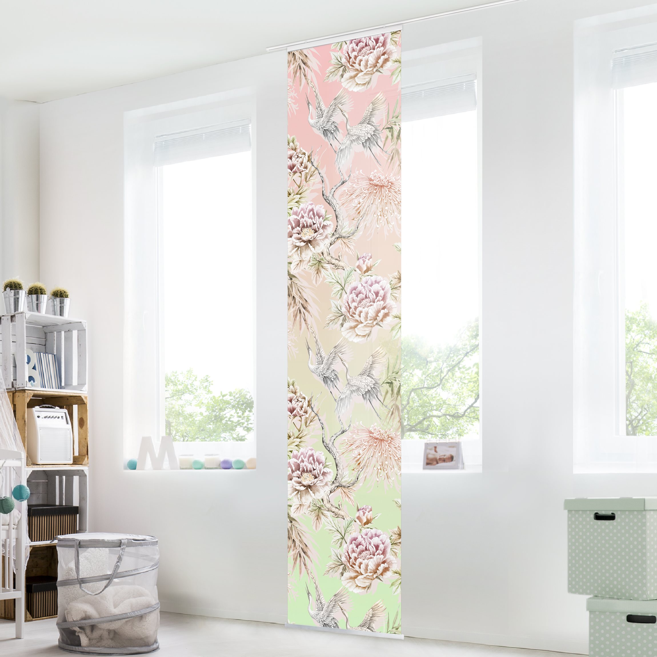 Schiebegardine Aquarell Vögel mit großen Blüten und Ombre