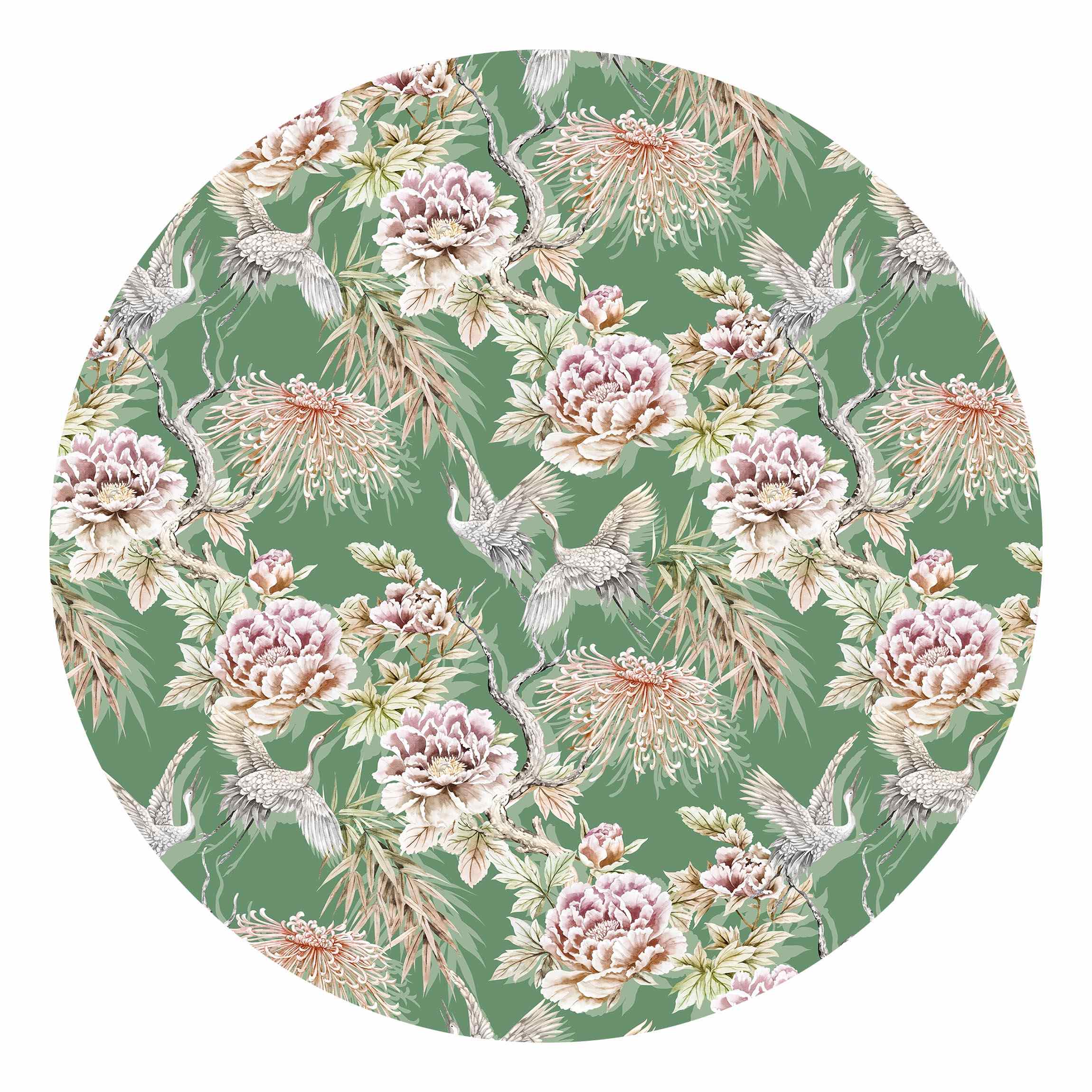 Runde Fototapete Aquarell Vögel mit großen Blüten vor Grün