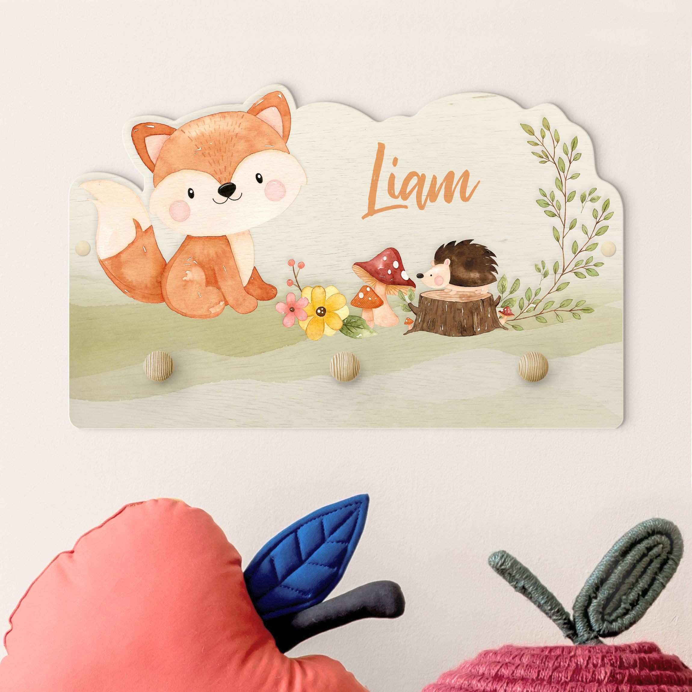 Kindergarderobe Holz mit Namen Aquarell Waldtier Fuchs mit Wunschname