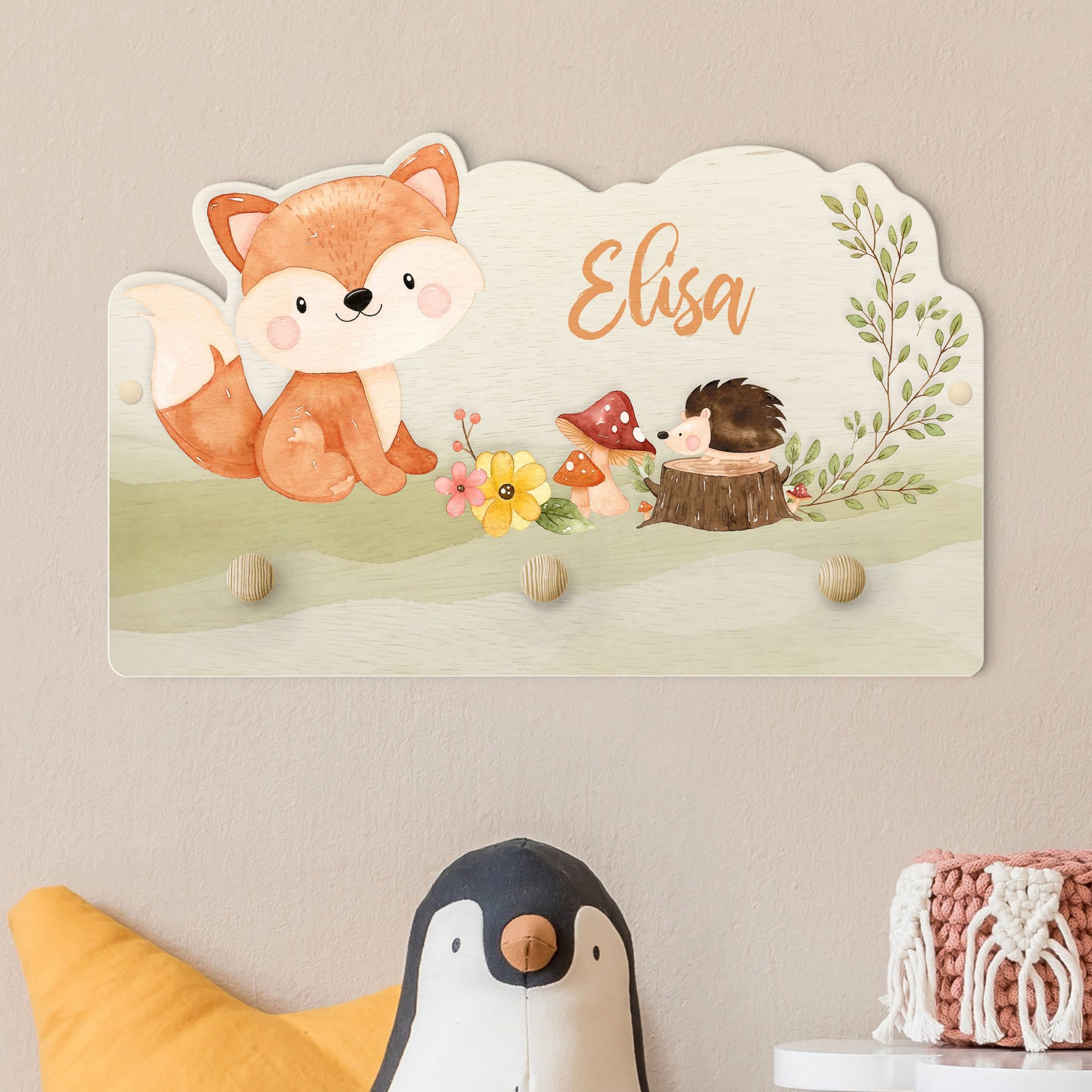 Kindergarderobe Holz mit Namen Aquarell Waldtier Fuchs mit Wunschname