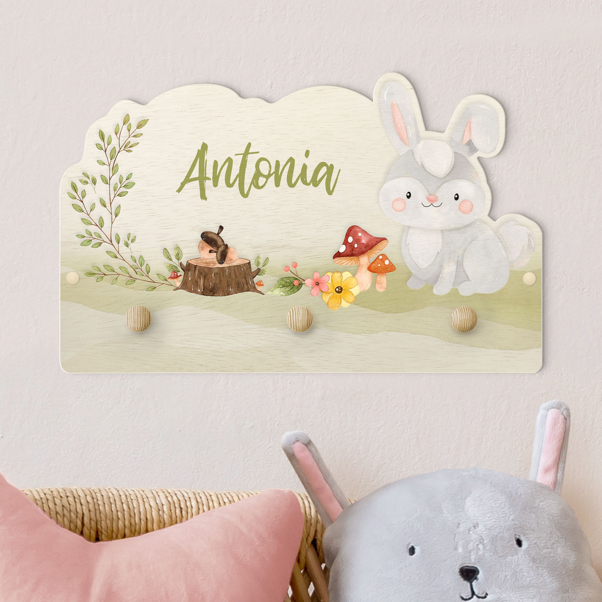 Kindergarderobe Holz mit Namen Aquarell Waldtier Hase mit Wunschname