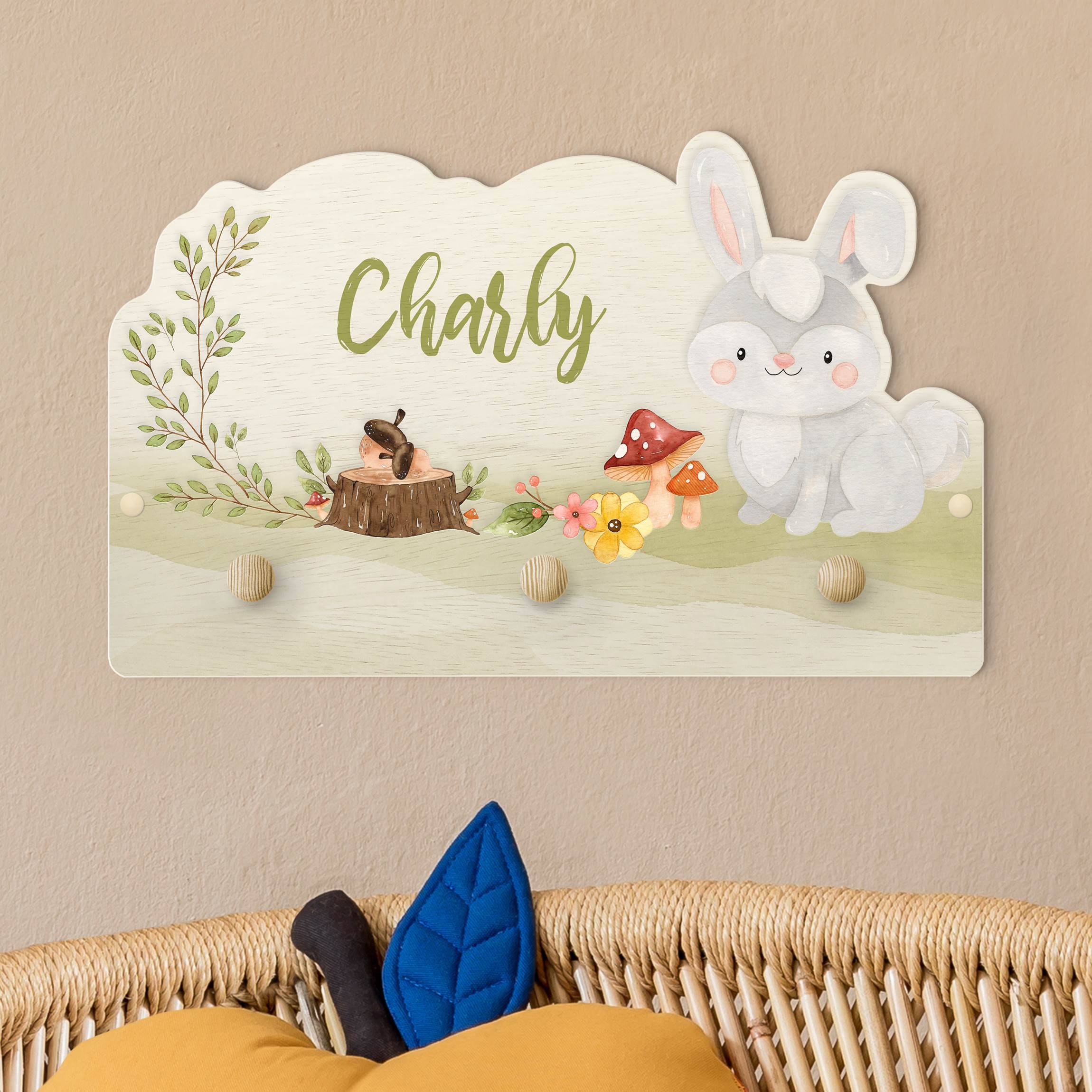 Kindergarderobe Holz mit Namen Aquarell Waldtier Hase mit Wunschname