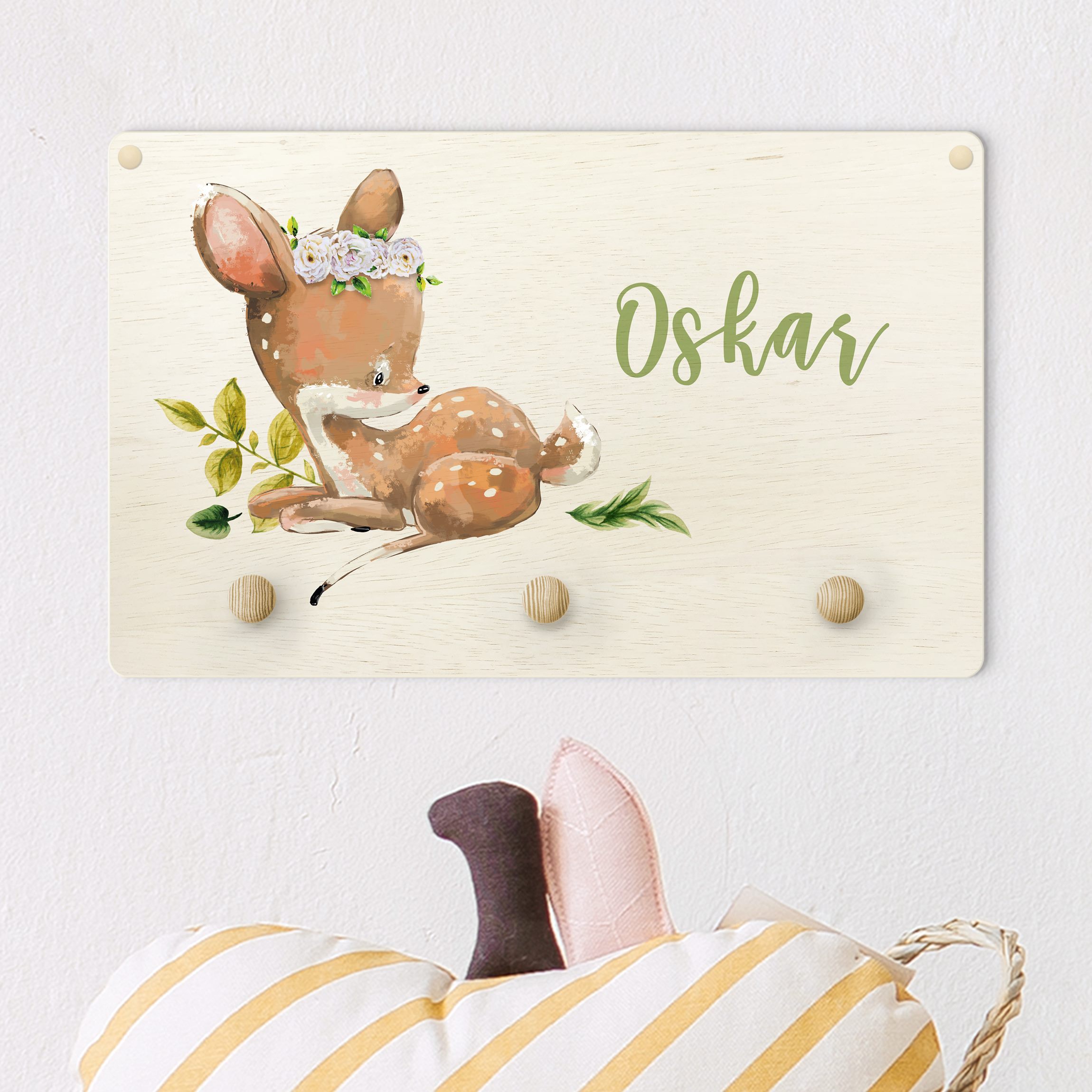 Kindergarderobe Holz mit Namen Aquarell Waldtier Rehkitz mit Wunschname