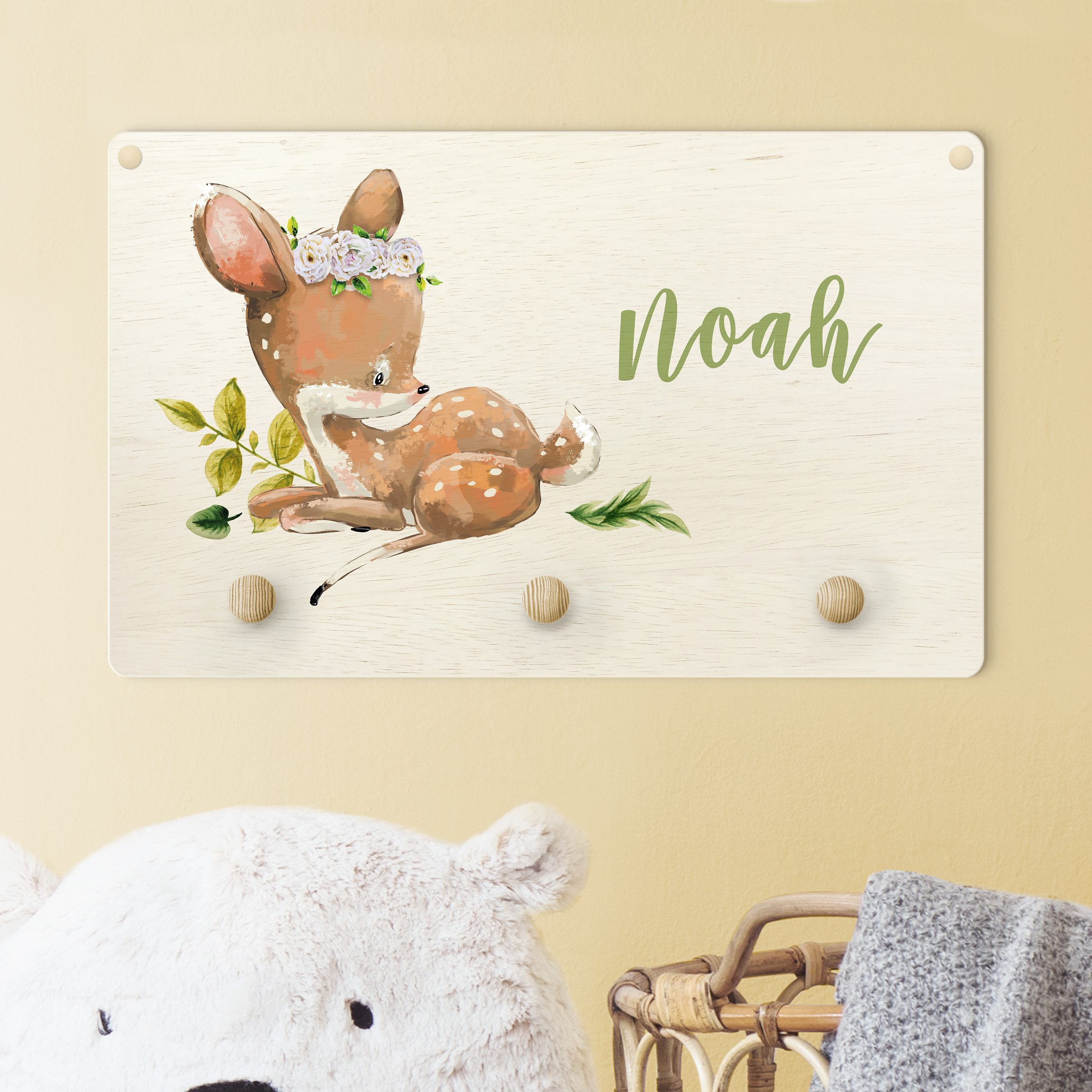 Kindergarderobe Holz mit Namen Aquarell Waldtier Rehkitz mit Wunschname