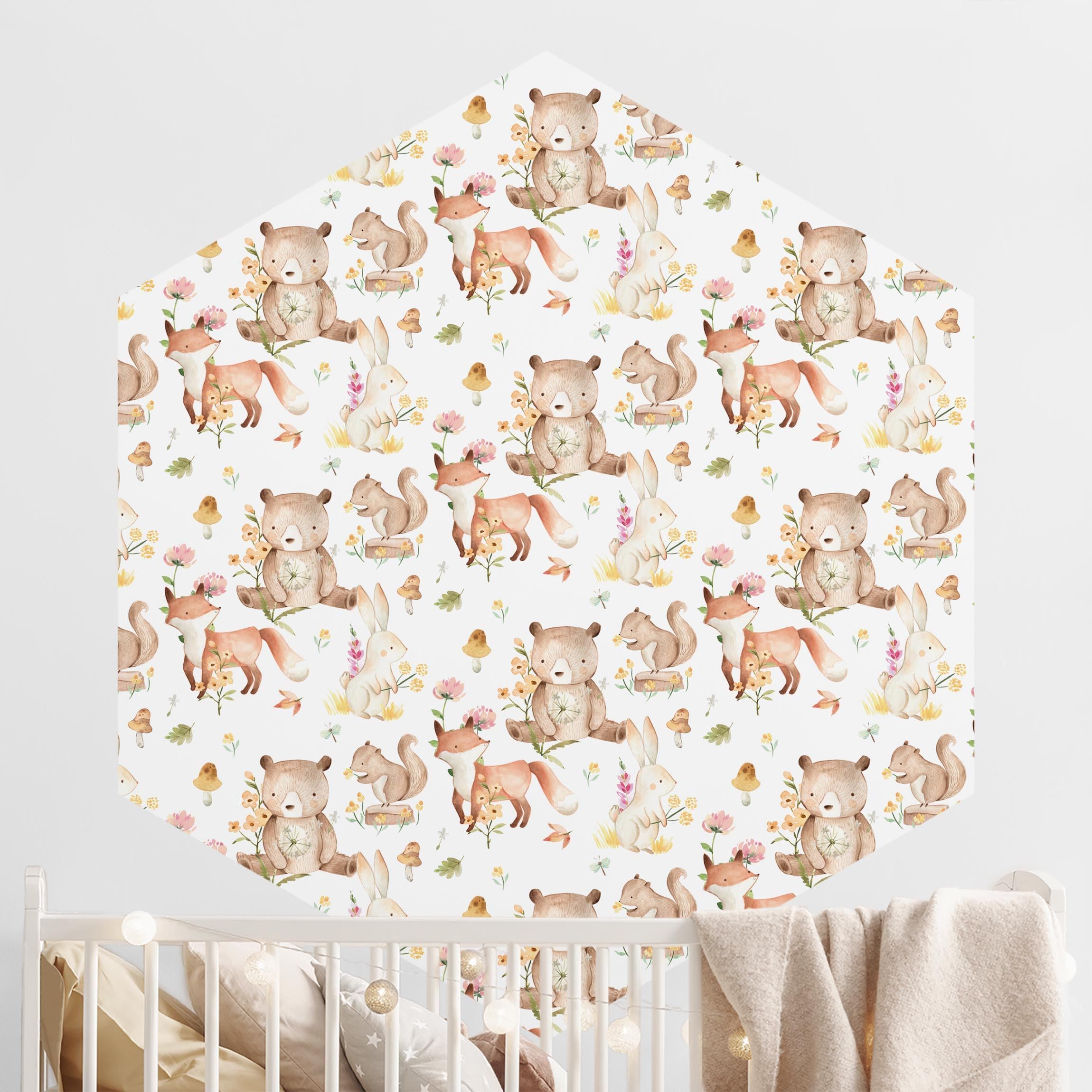 Hexagon Mustertapete selbstklebend Aquarell Waldtiere Bär und Fuchs