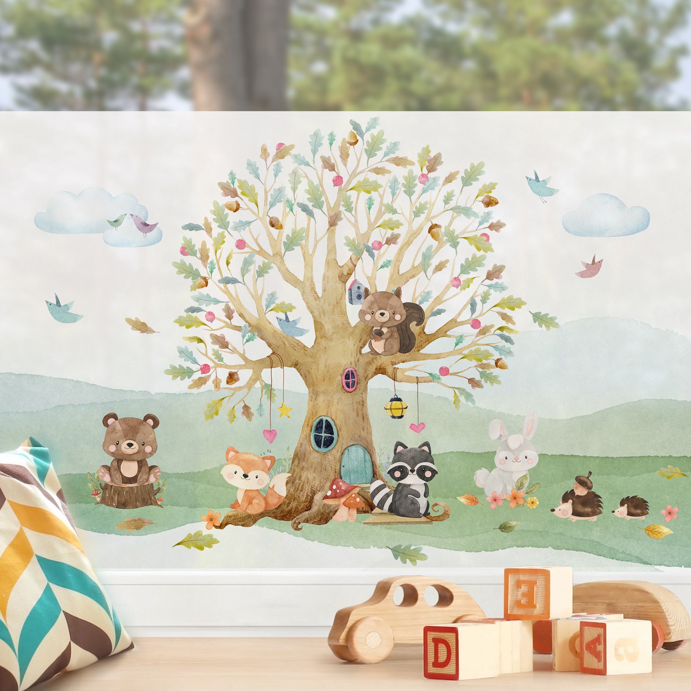 Fensterfolie Aquarell Waldtiere mit Baum