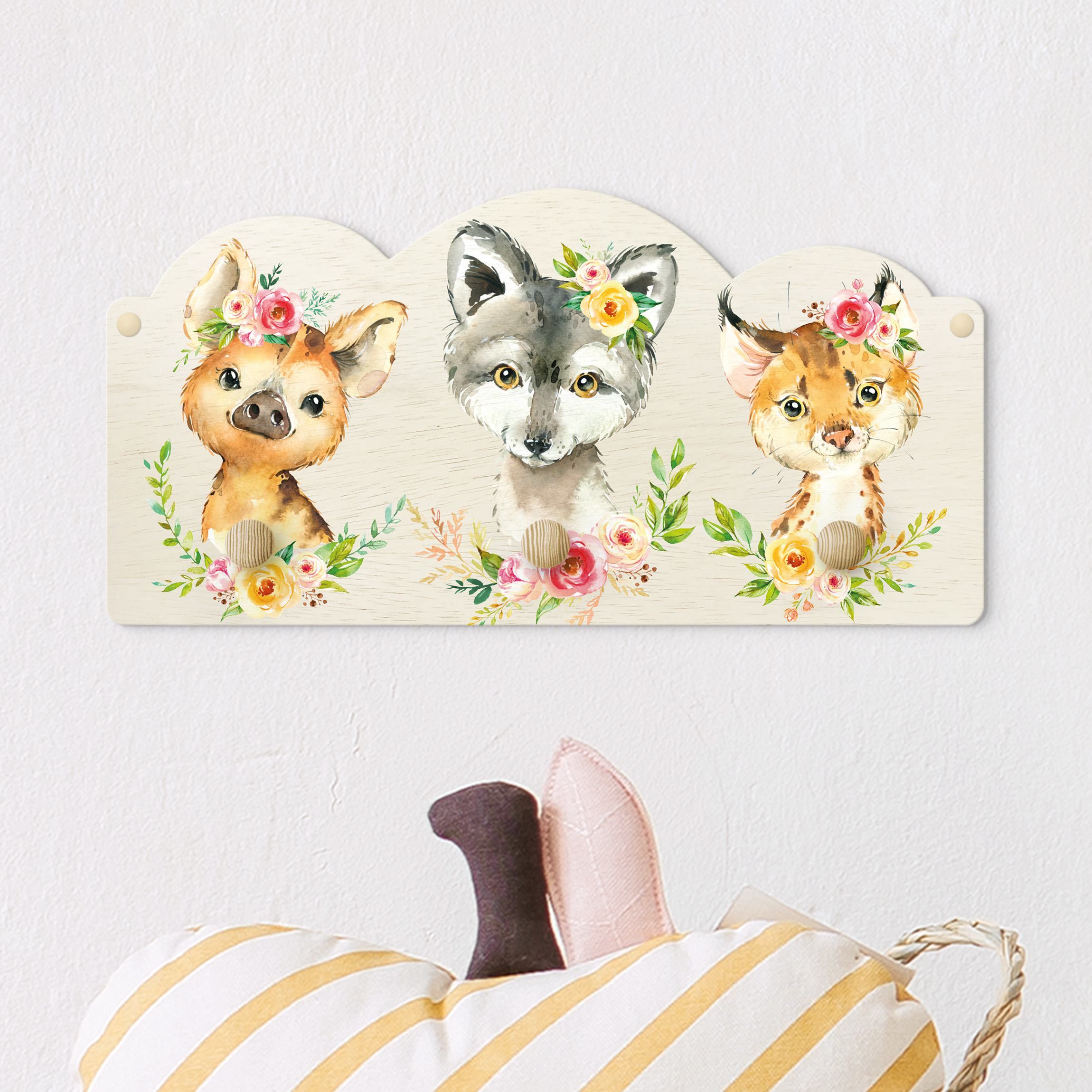 Kindergarderobe Holz Aquarell Waldtiere mit Blumen II