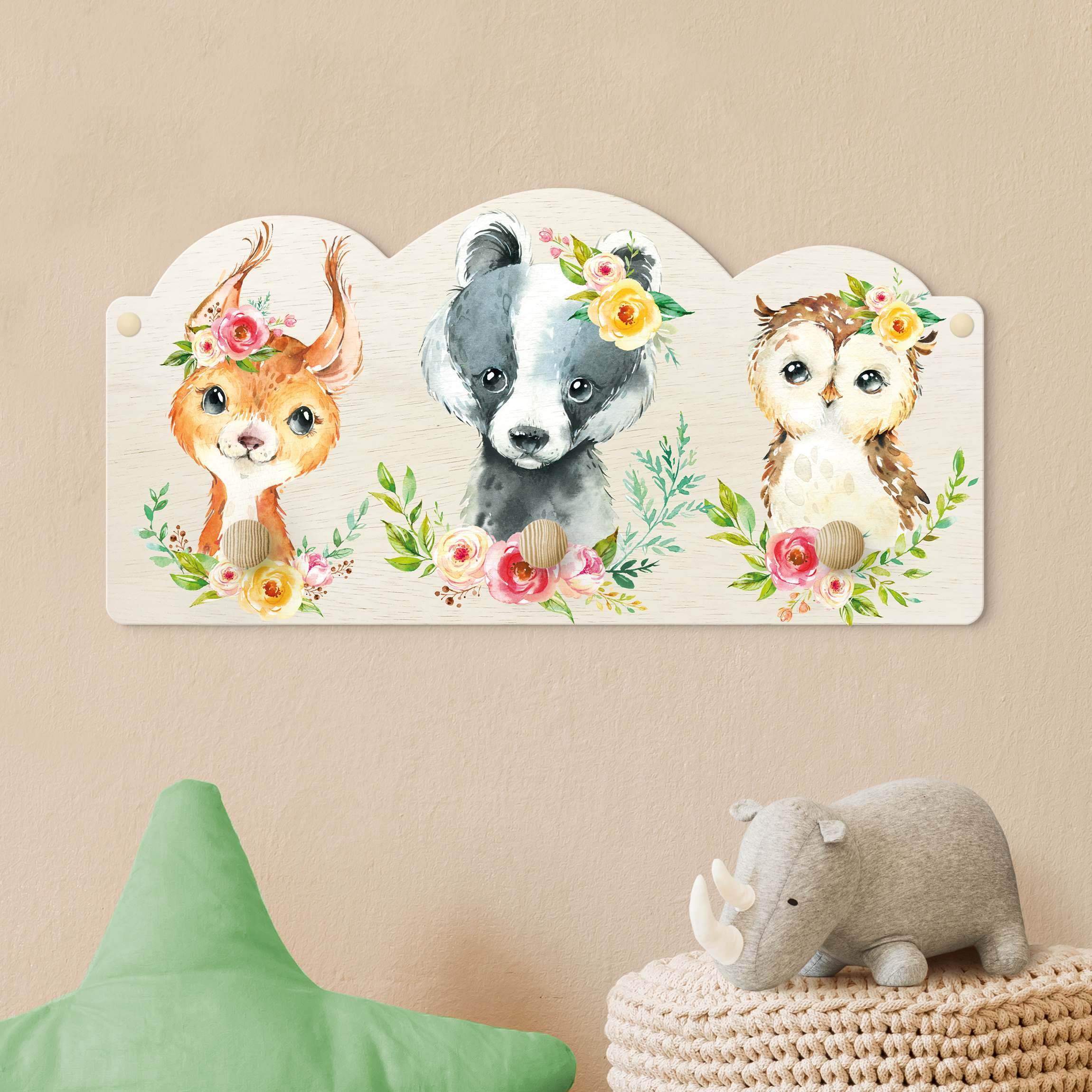 Kindergarderobe Holz Aquarell Waldtiere mit Blumen III
