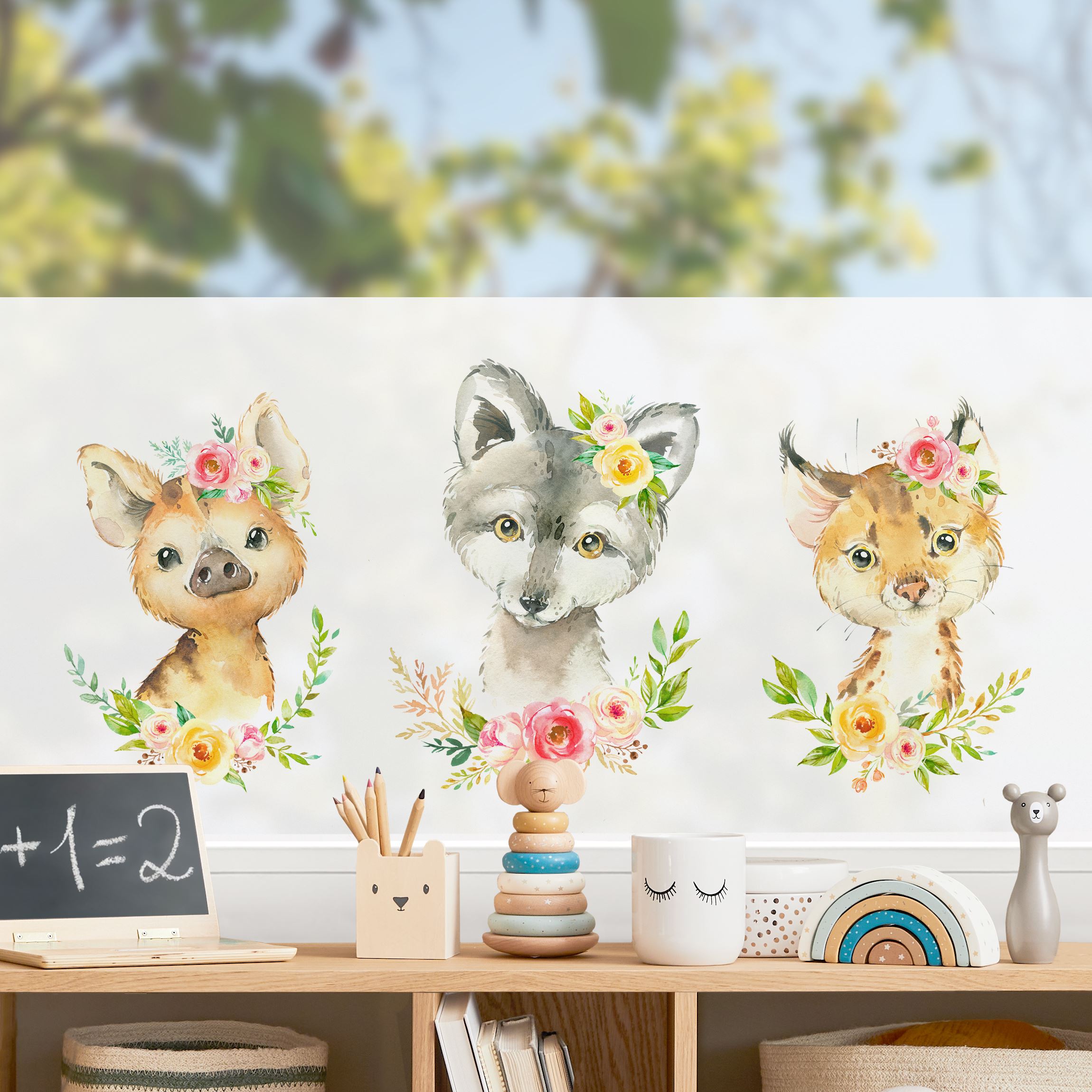 Fensterfolie Aquarell Waldtiere mit Blumen Set II