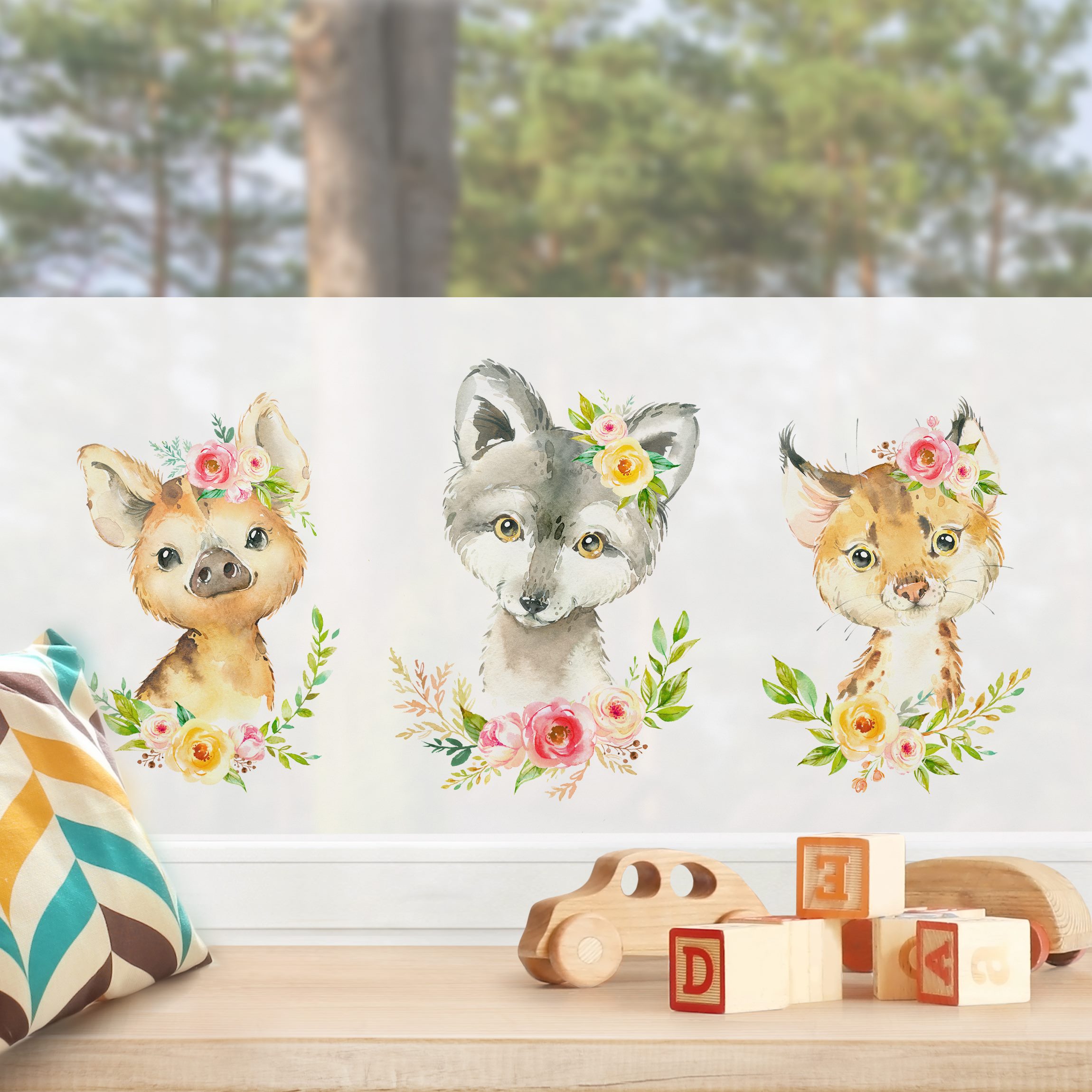 Fensterfolie Aquarell Waldtiere mit Blumen Set II