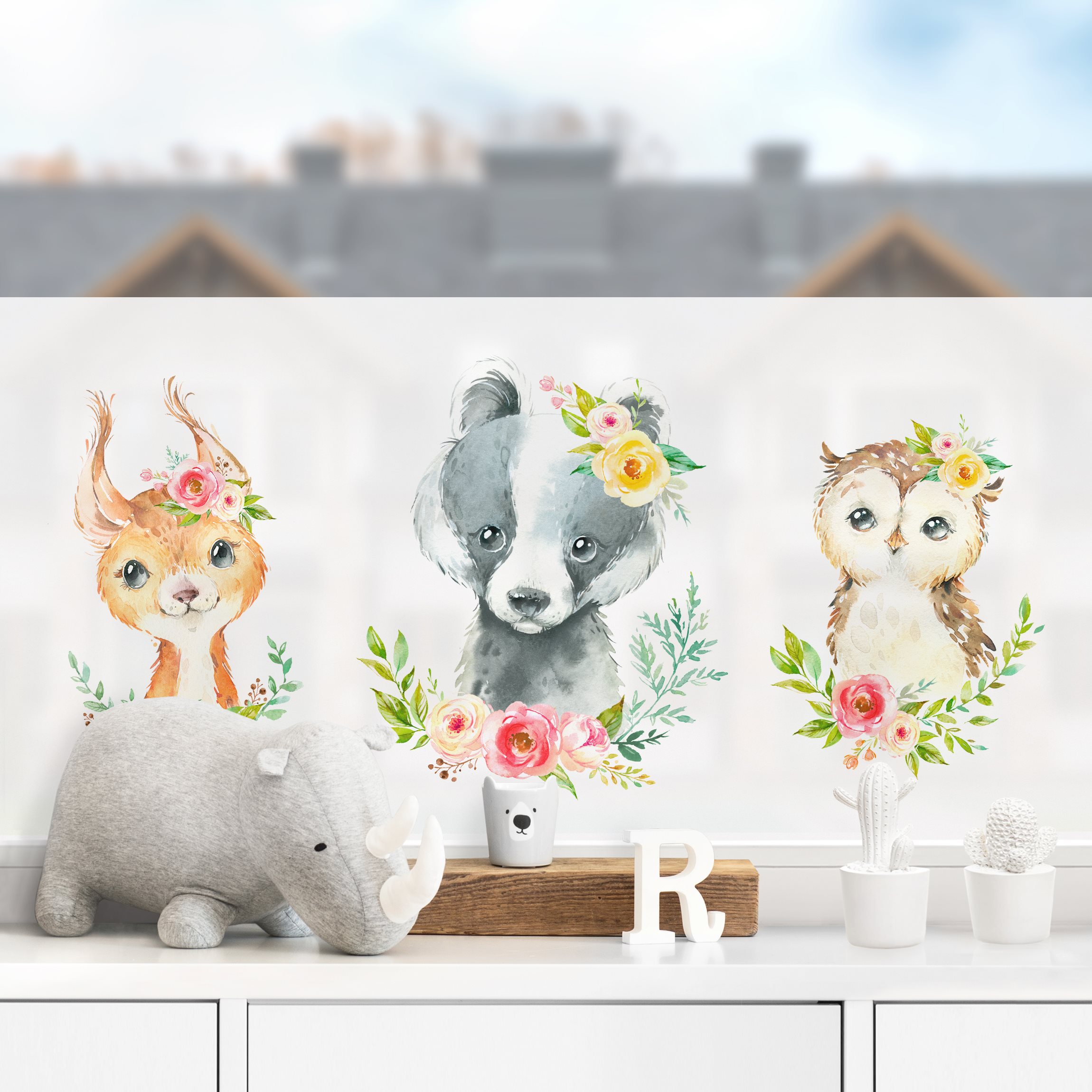 Fensterfolie Aquarell Waldtiere mit Blumen Set III