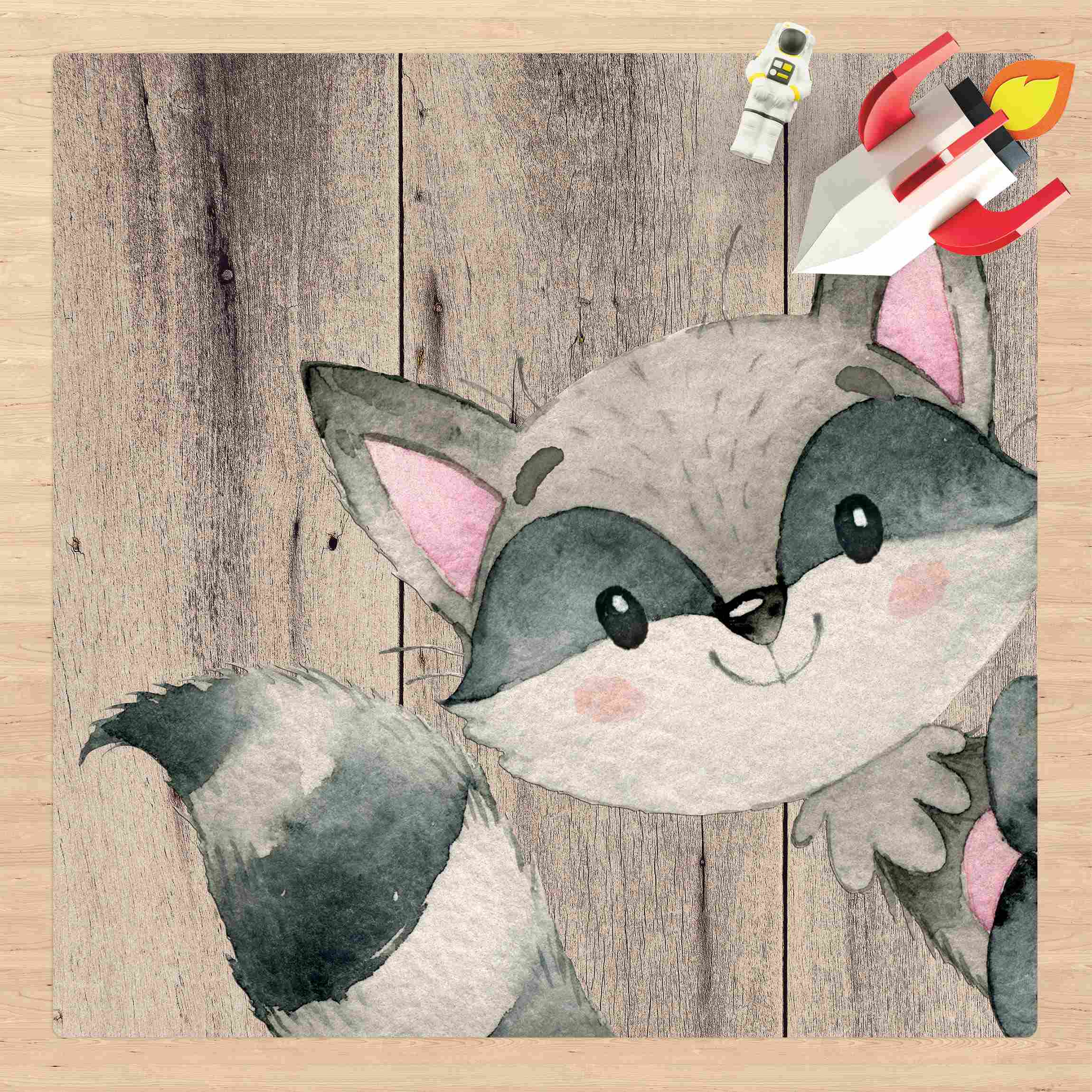 Kork-Teppich Aquarell Waschbär auf Holz