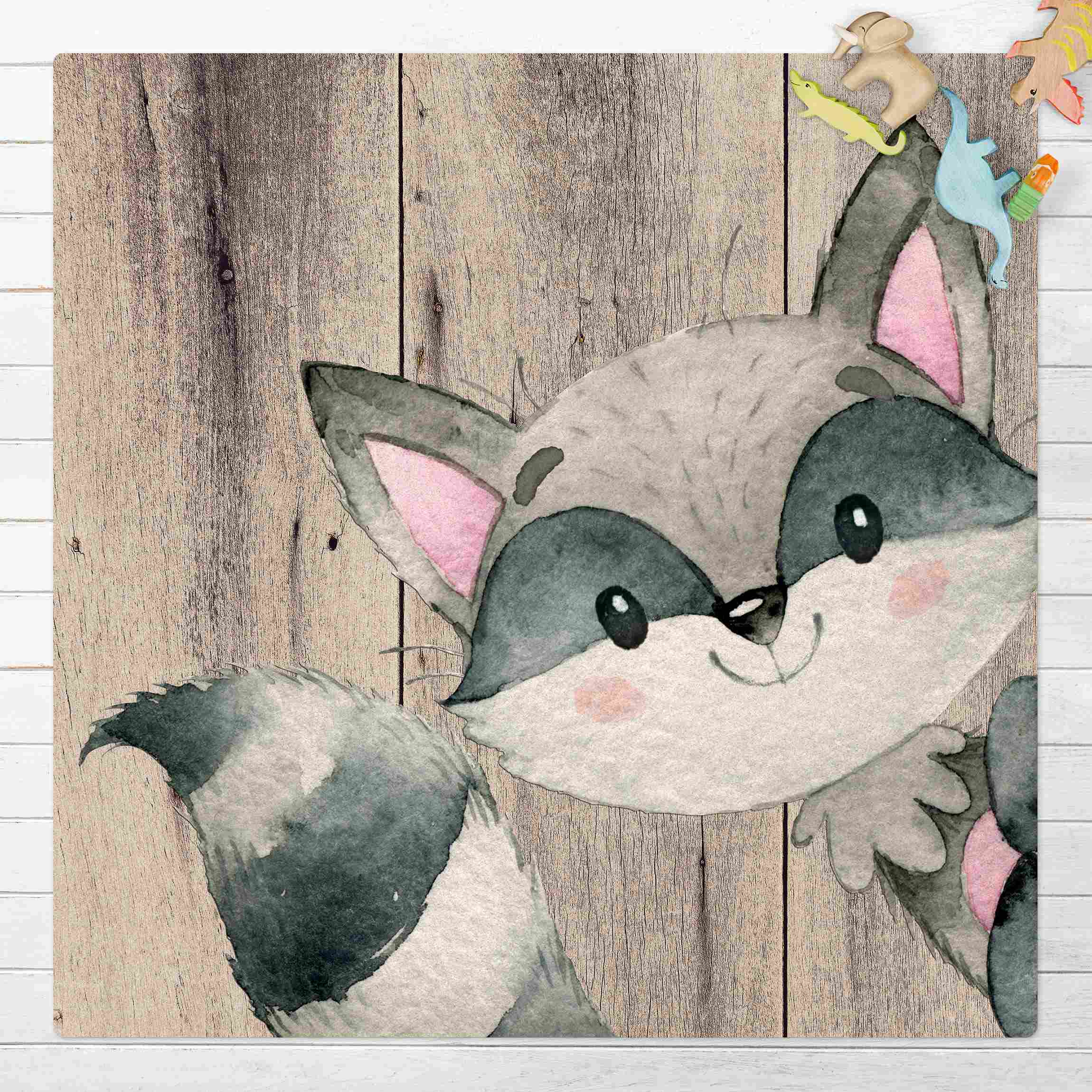 Kork-Teppich Aquarell Waschbär auf Holz