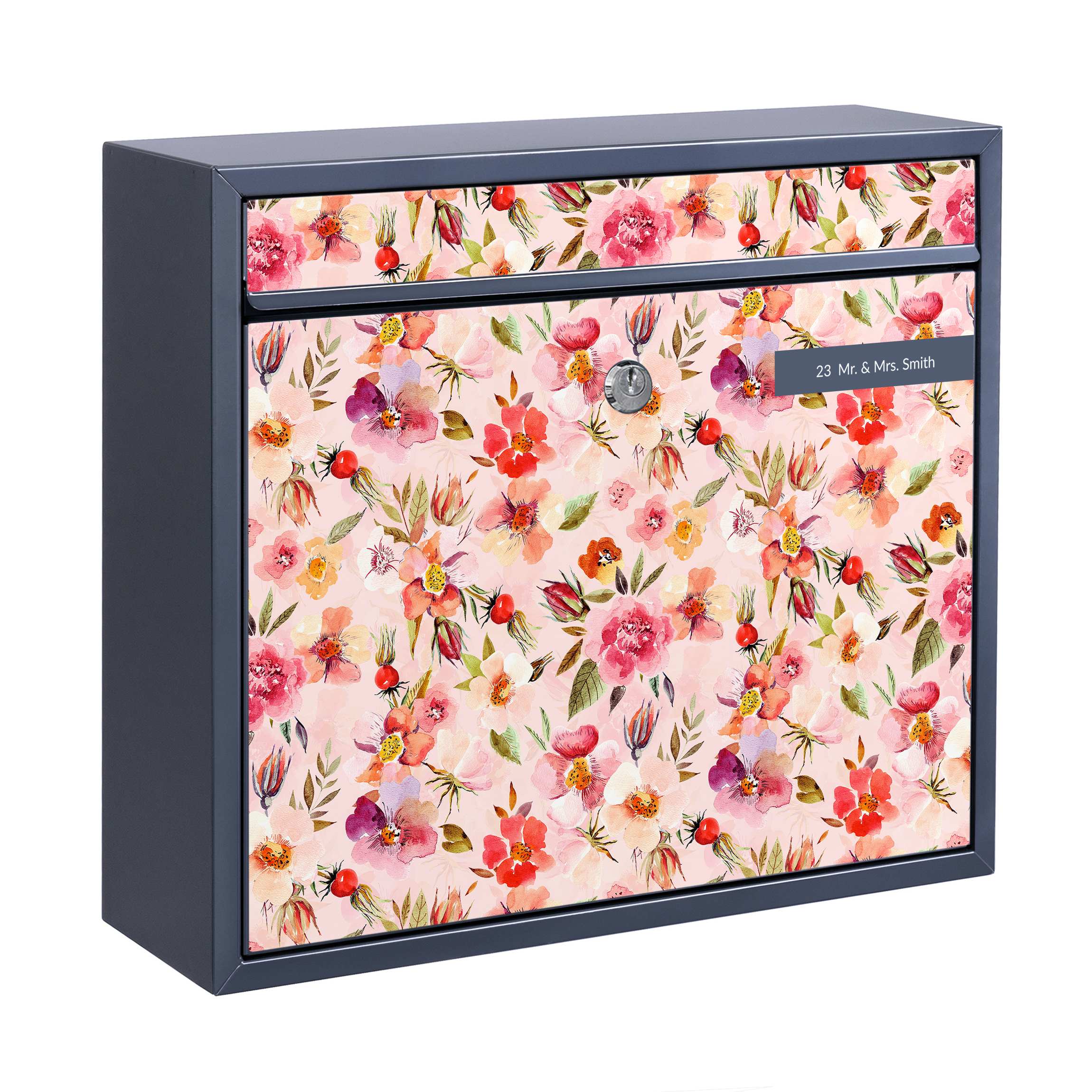 Briefkasten mit eigenem Text Aquarellierte Blumen auf Rosa