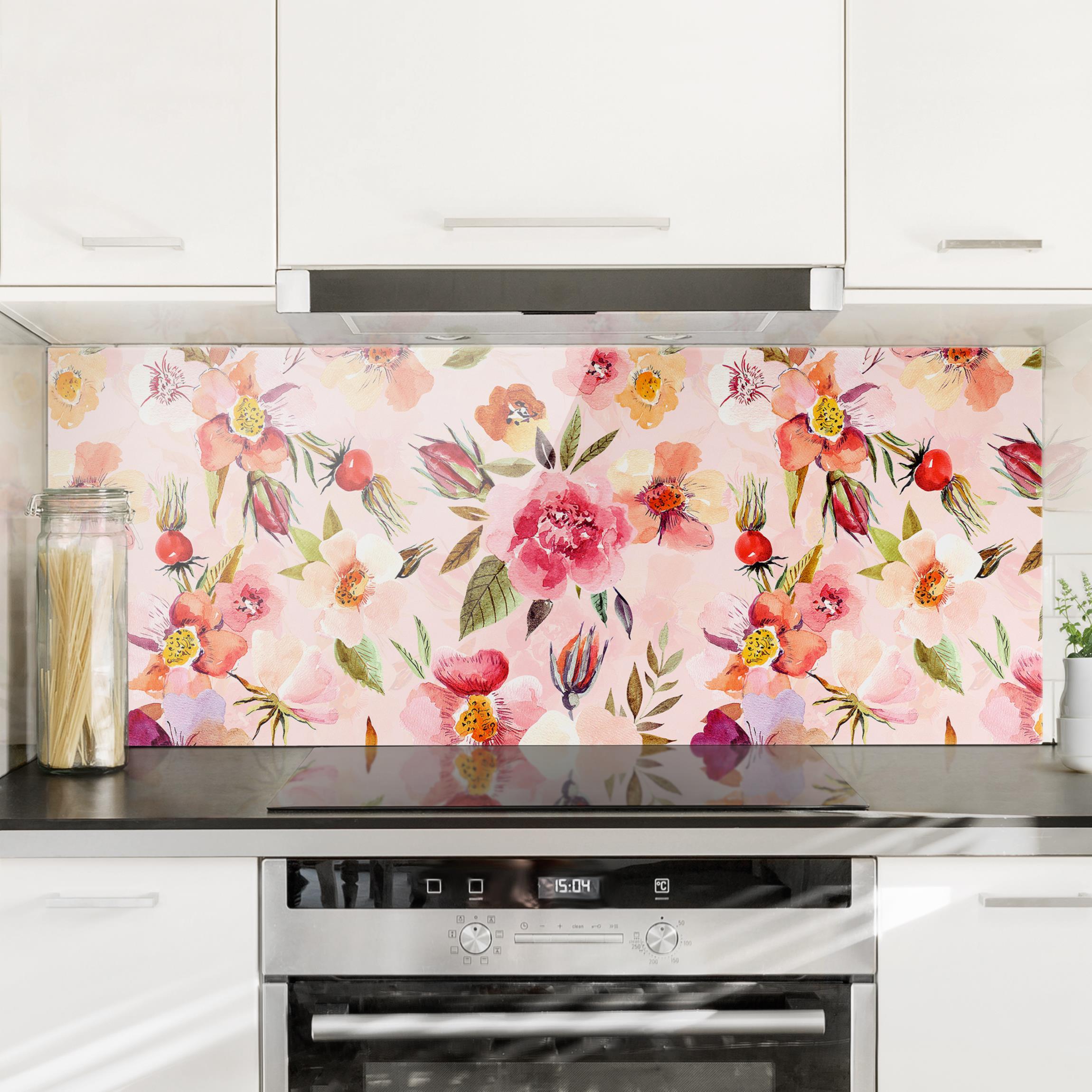 Spritzschutz Aquarellierte Blumen auf Rosa