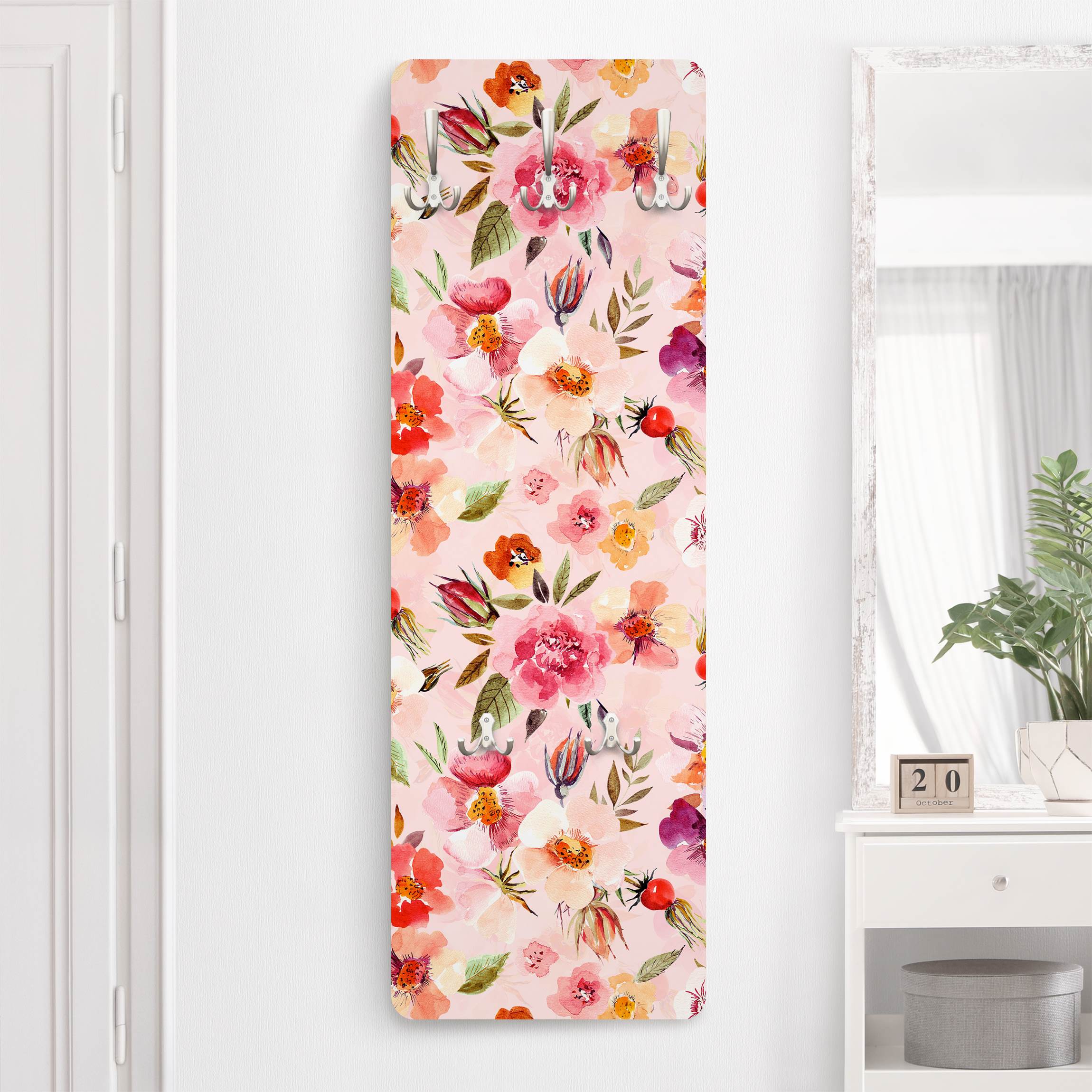 Wandgarderobe Aquarellierte Blumen auf Rosa