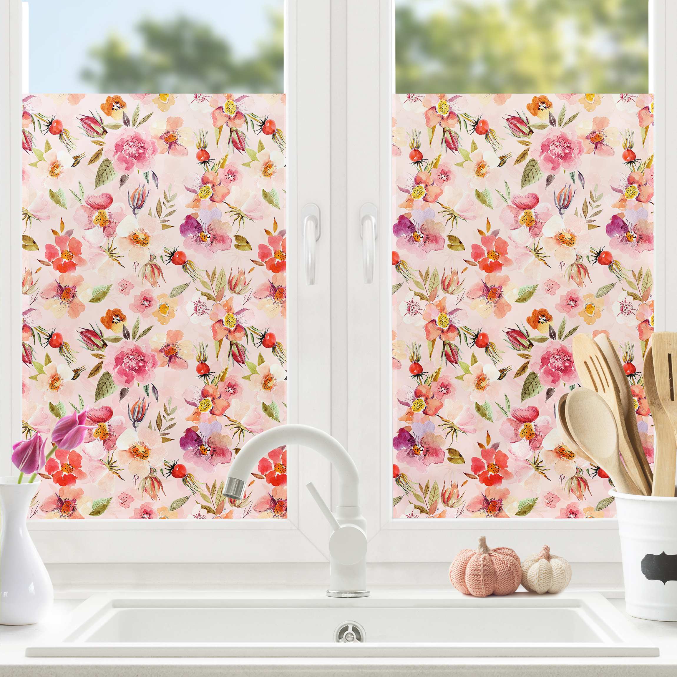 Fensterfolie Aquarellierte Blumen auf Rosa