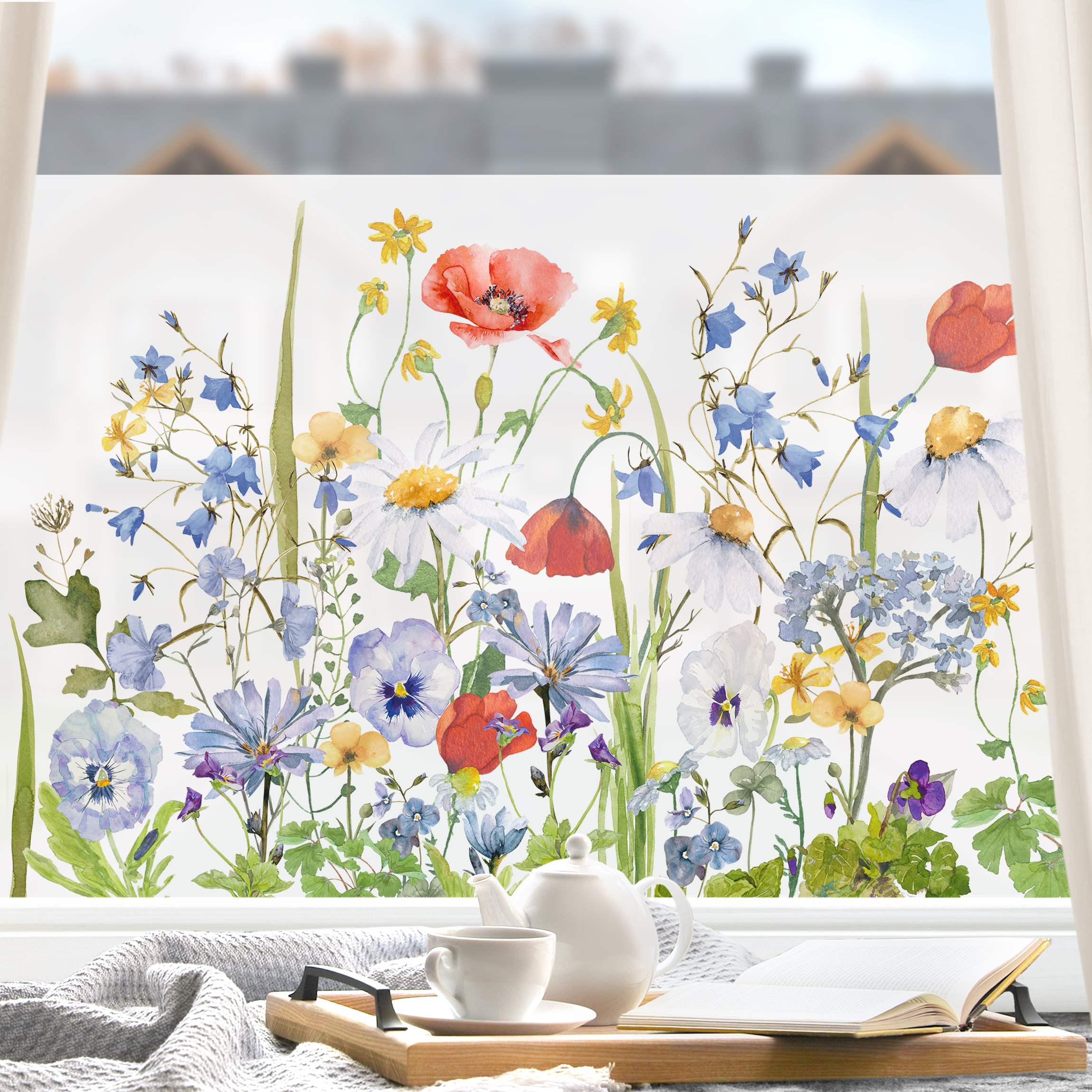 Fensterfolie Aquarellierte Blumenwiese mit Mohn