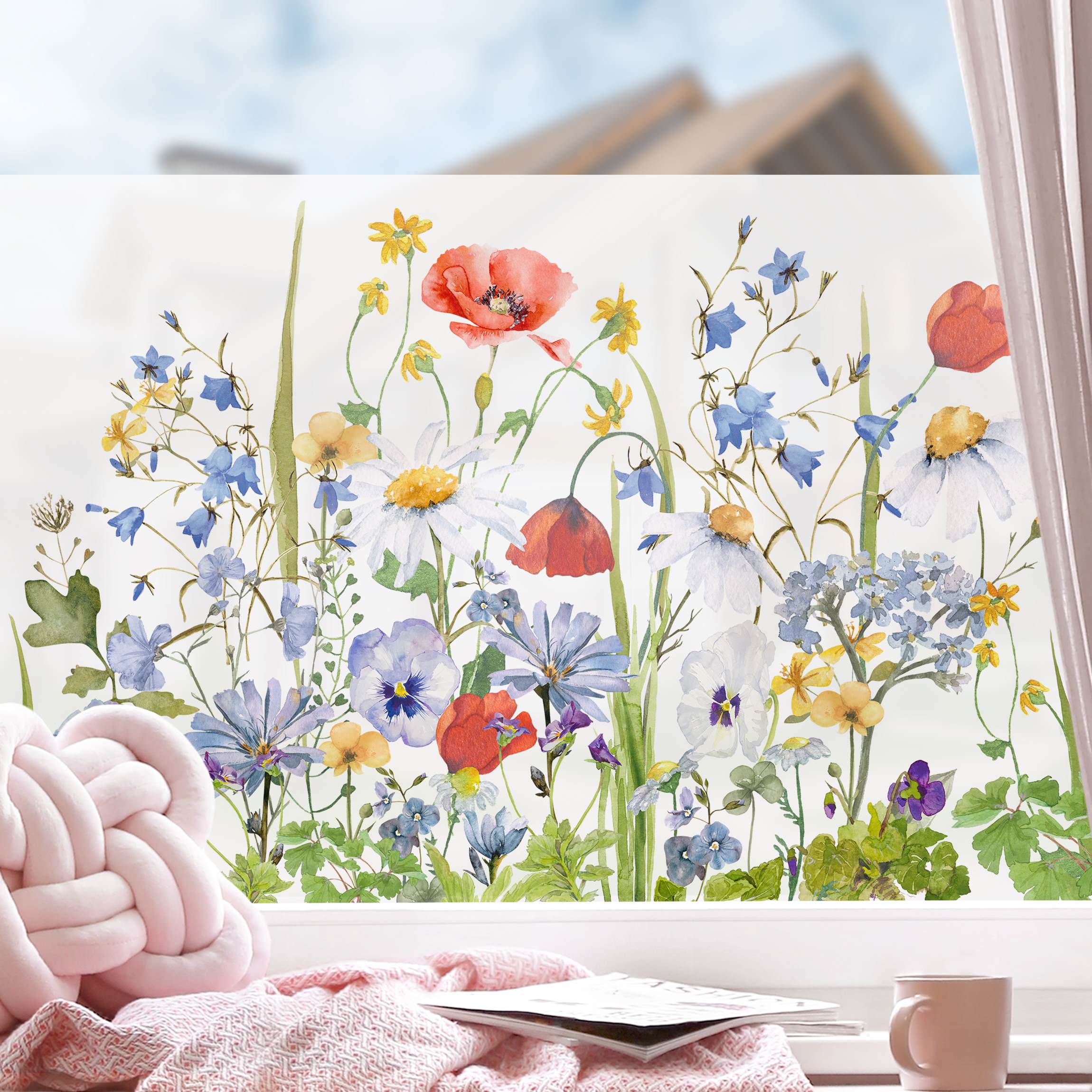 Fensterfolie Aquarellierte Blumenwiese mit Mohn
