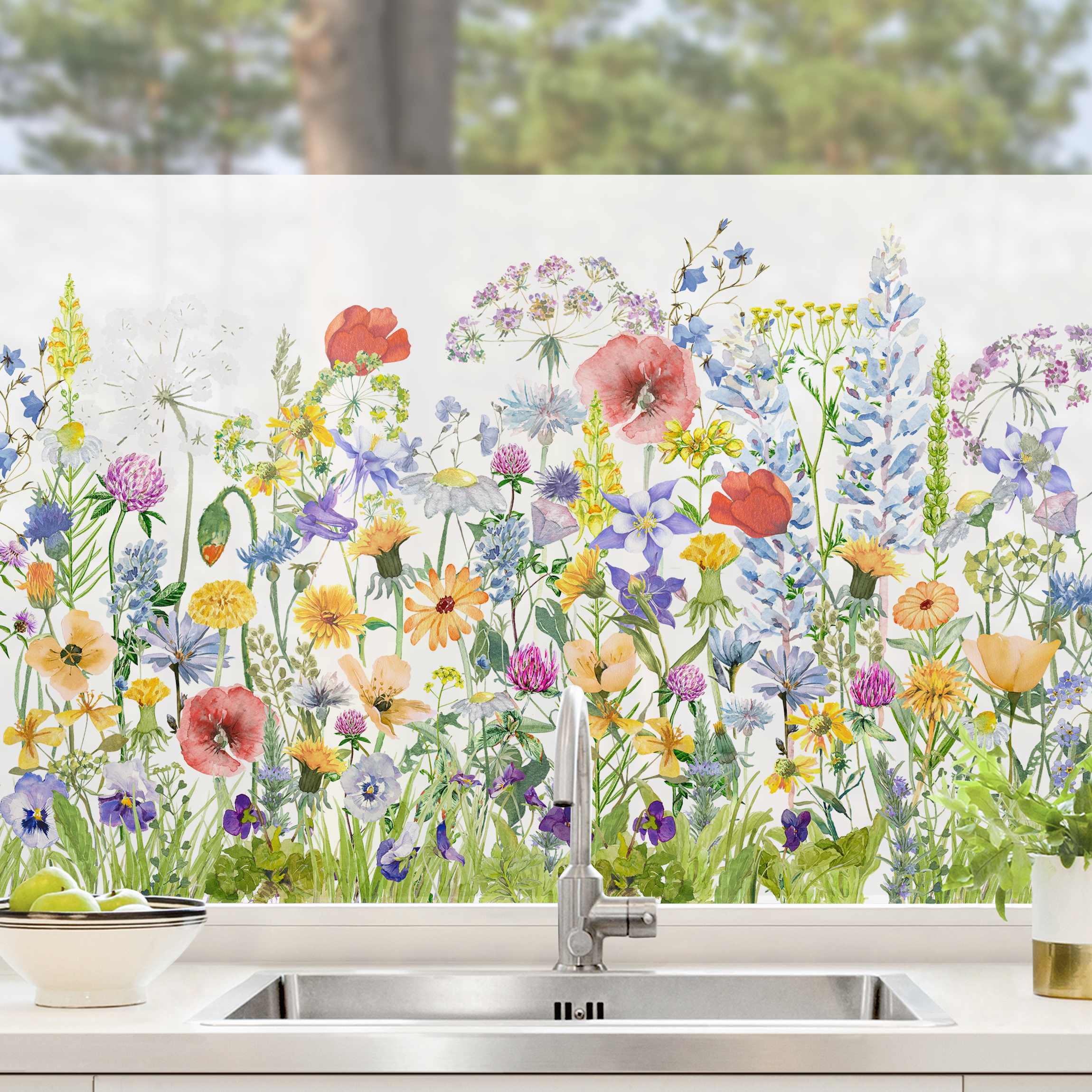 Fensterfolie Aquarellierte Blumenwiese