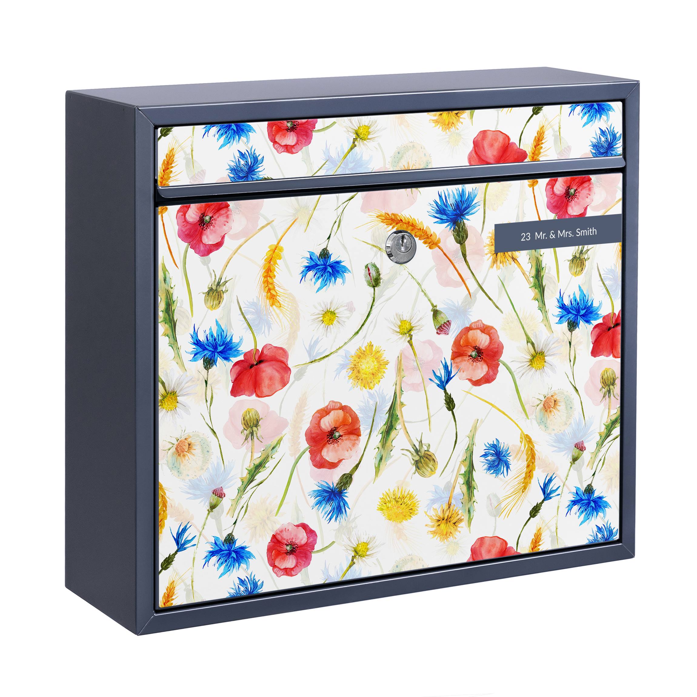 Briefkasten mit eigenem Text Aquarellierte Feldblumen mit Mohn