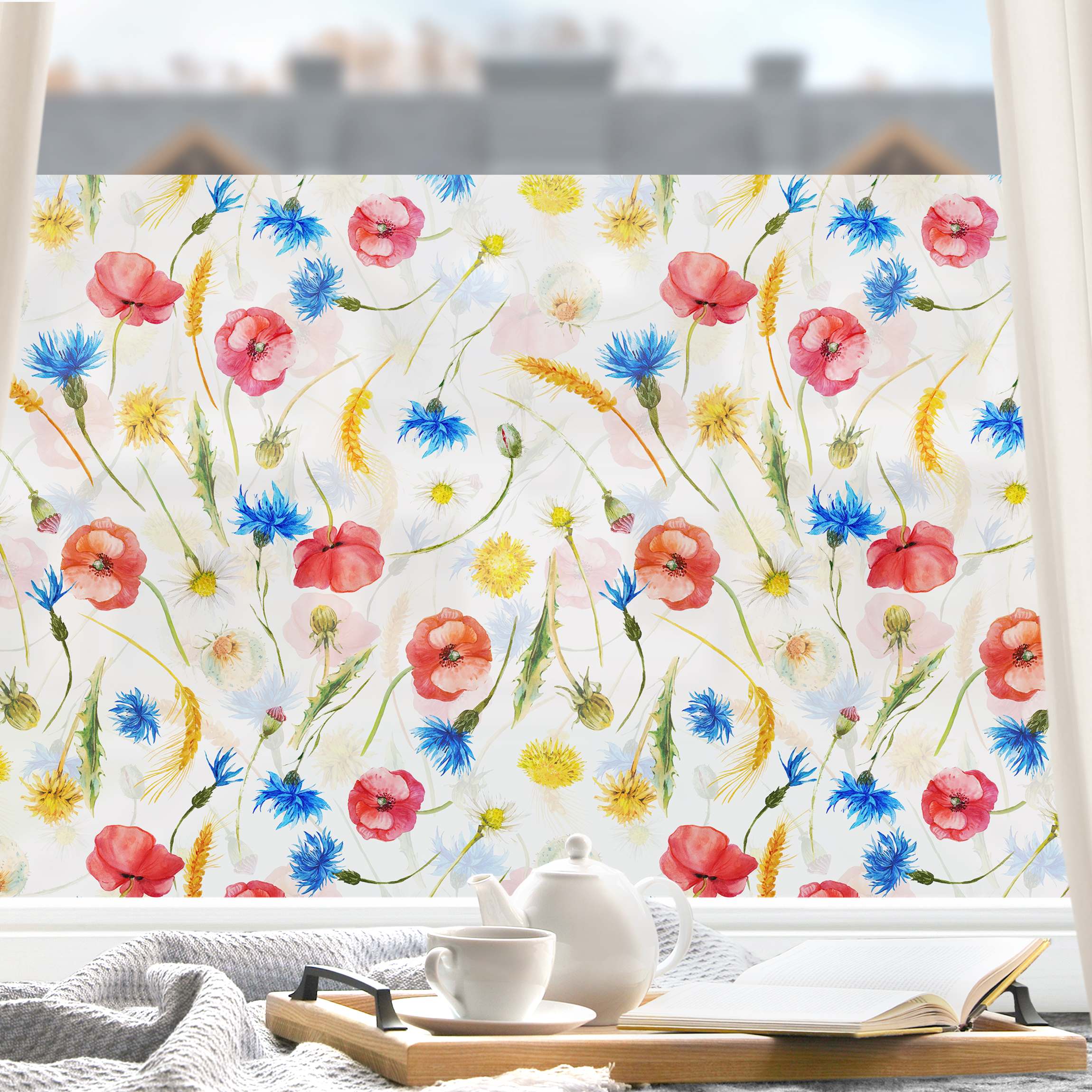 Fensterfolie Aquarellierte Feldblumen mit Mohn
