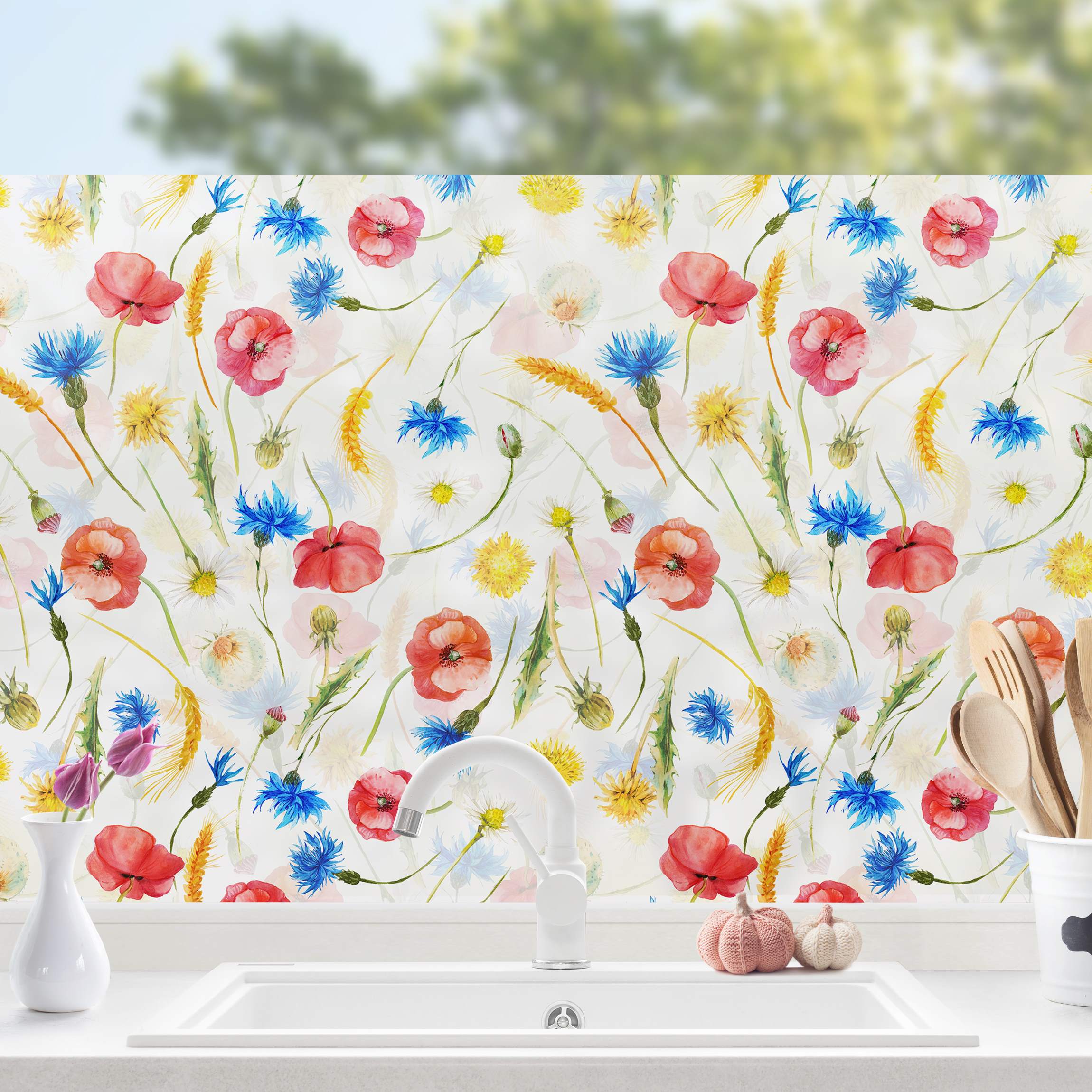Fensterfolie Aquarellierte Feldblumen mit Mohn