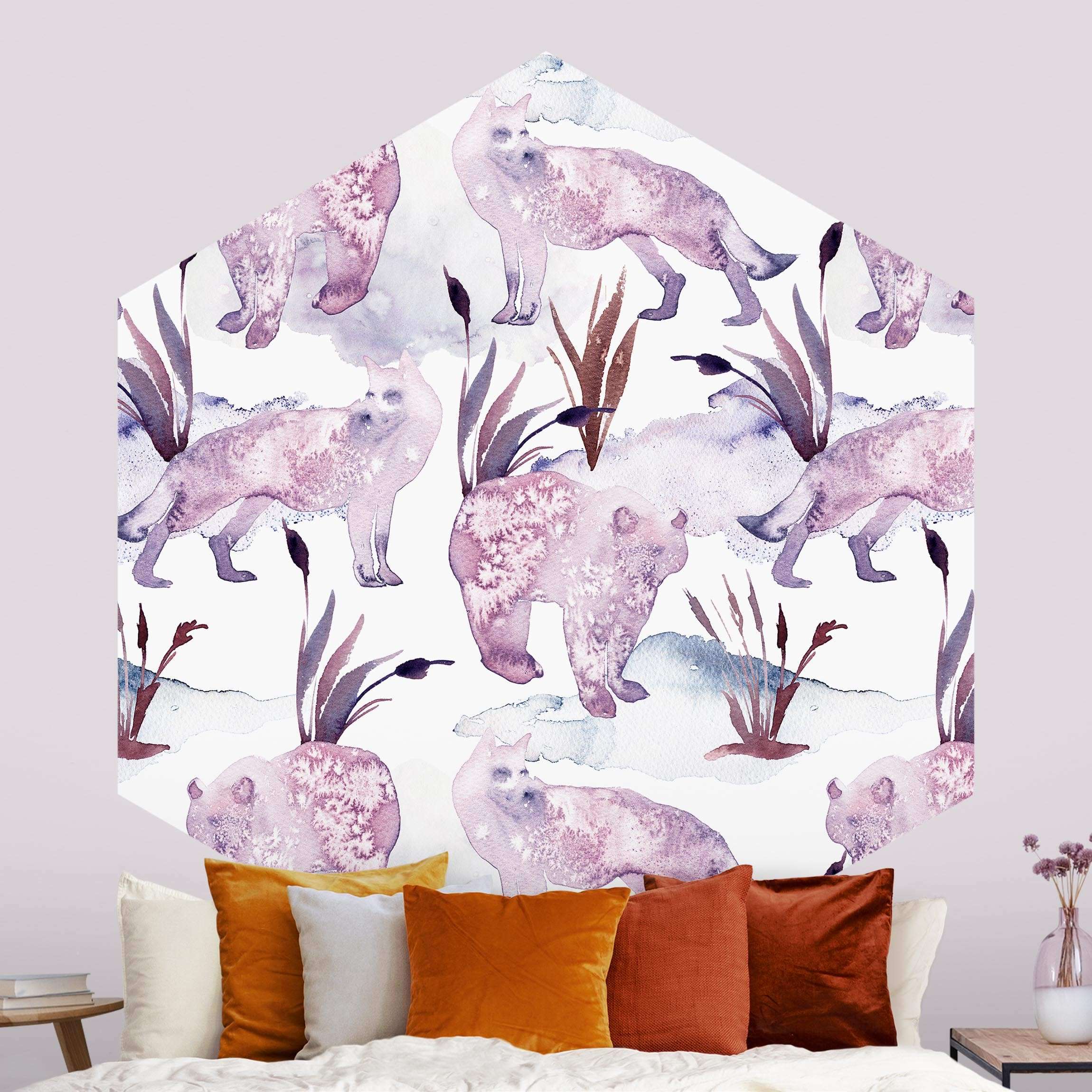 Hexagon Mustertapete Aquarellierte Füchse mit Bär
