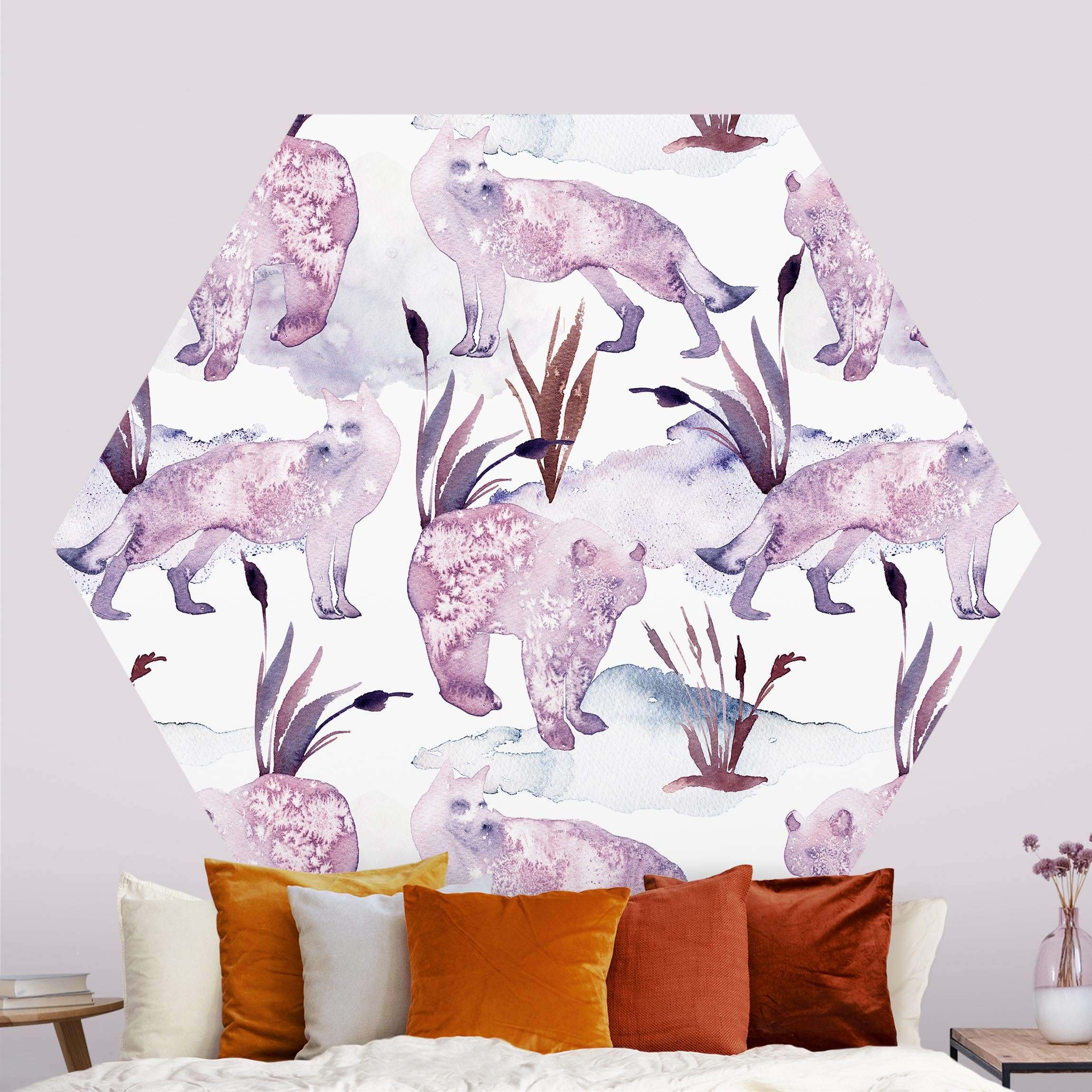 Hexagon Mustertapete Aquarellierte Füchse mit Bär