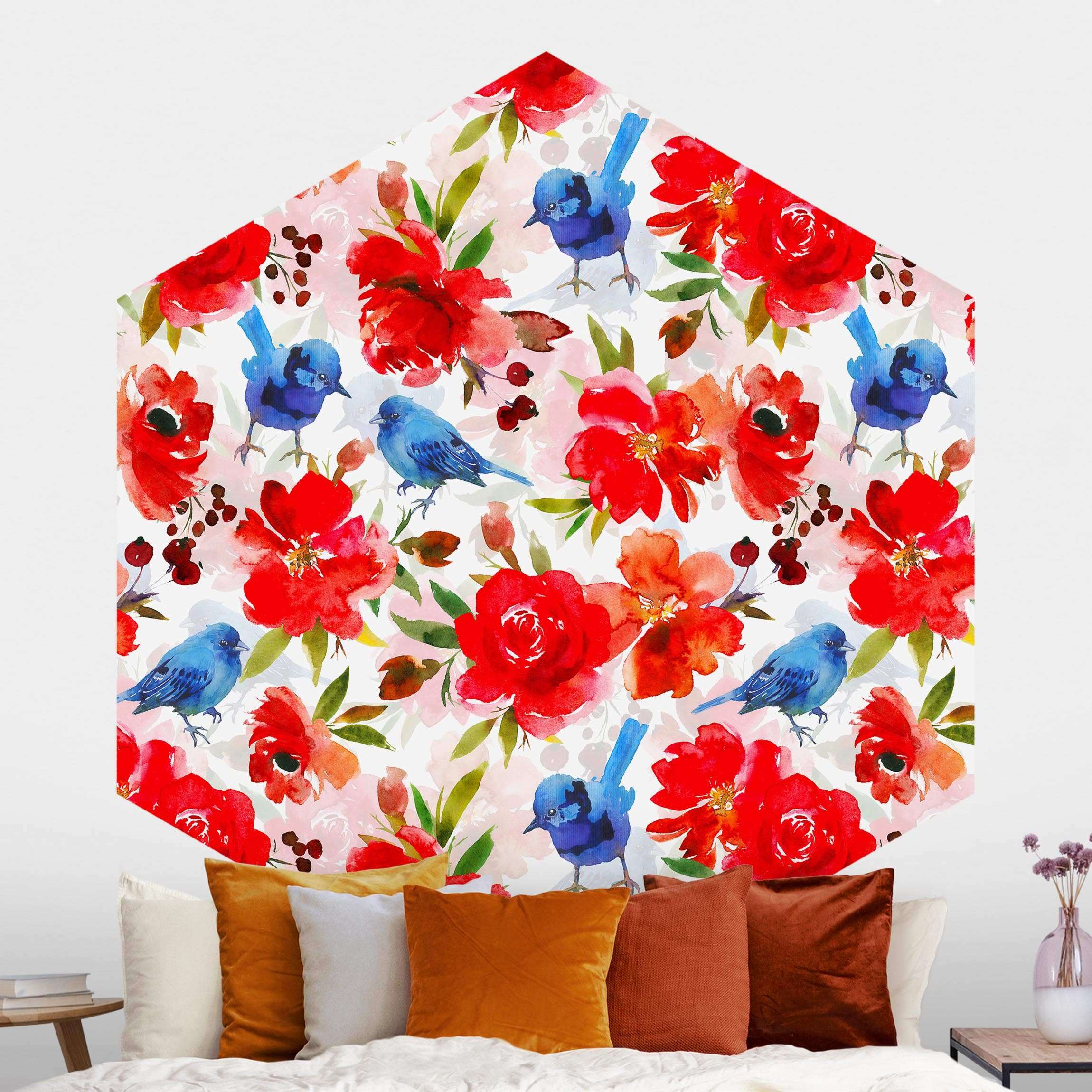 Hexagon Mustertapete Aquarellierte Vögel in Blau mit Rosen