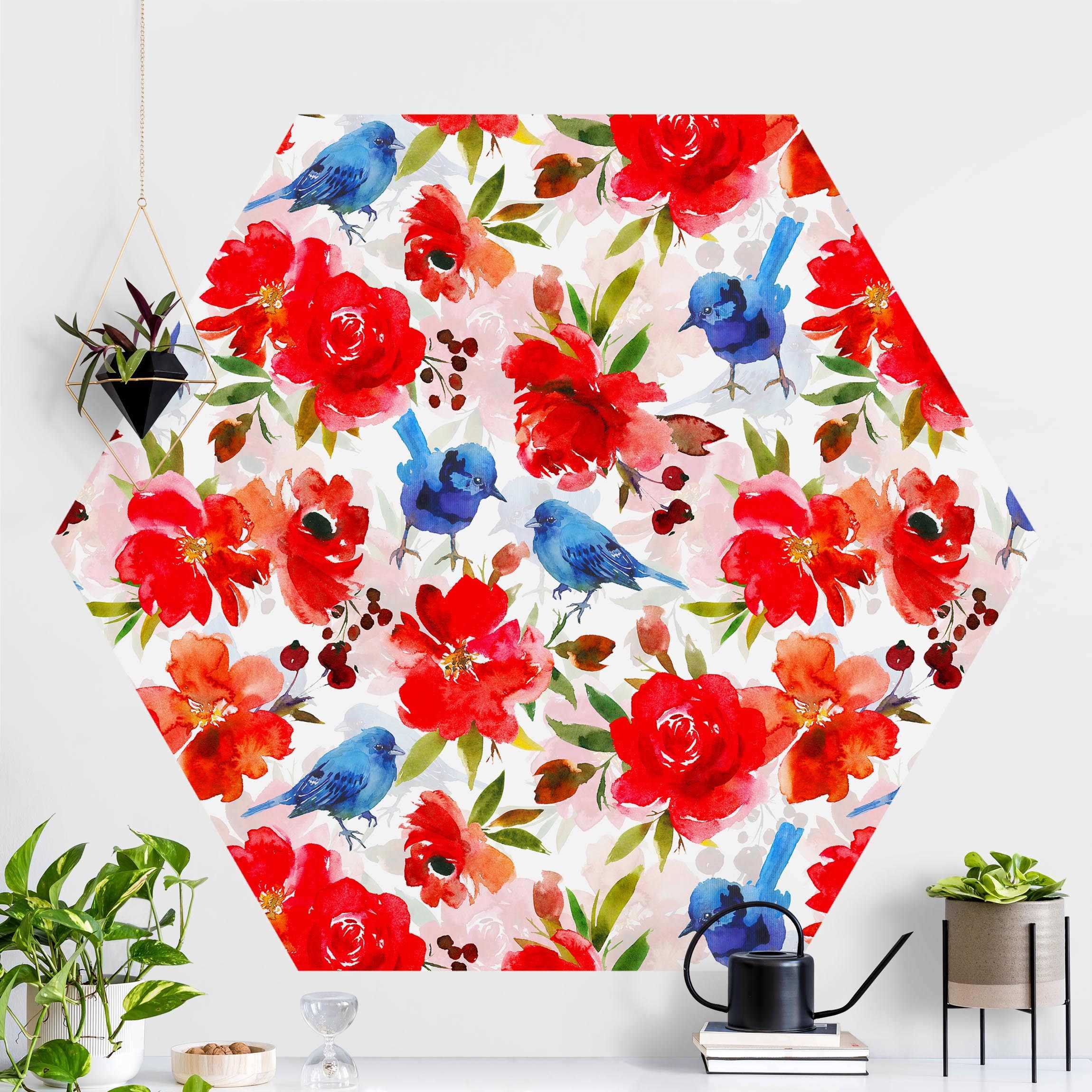 Hexagon Mustertapete selbstklebend Aquarellierte Vögel in Blau mit Rosen