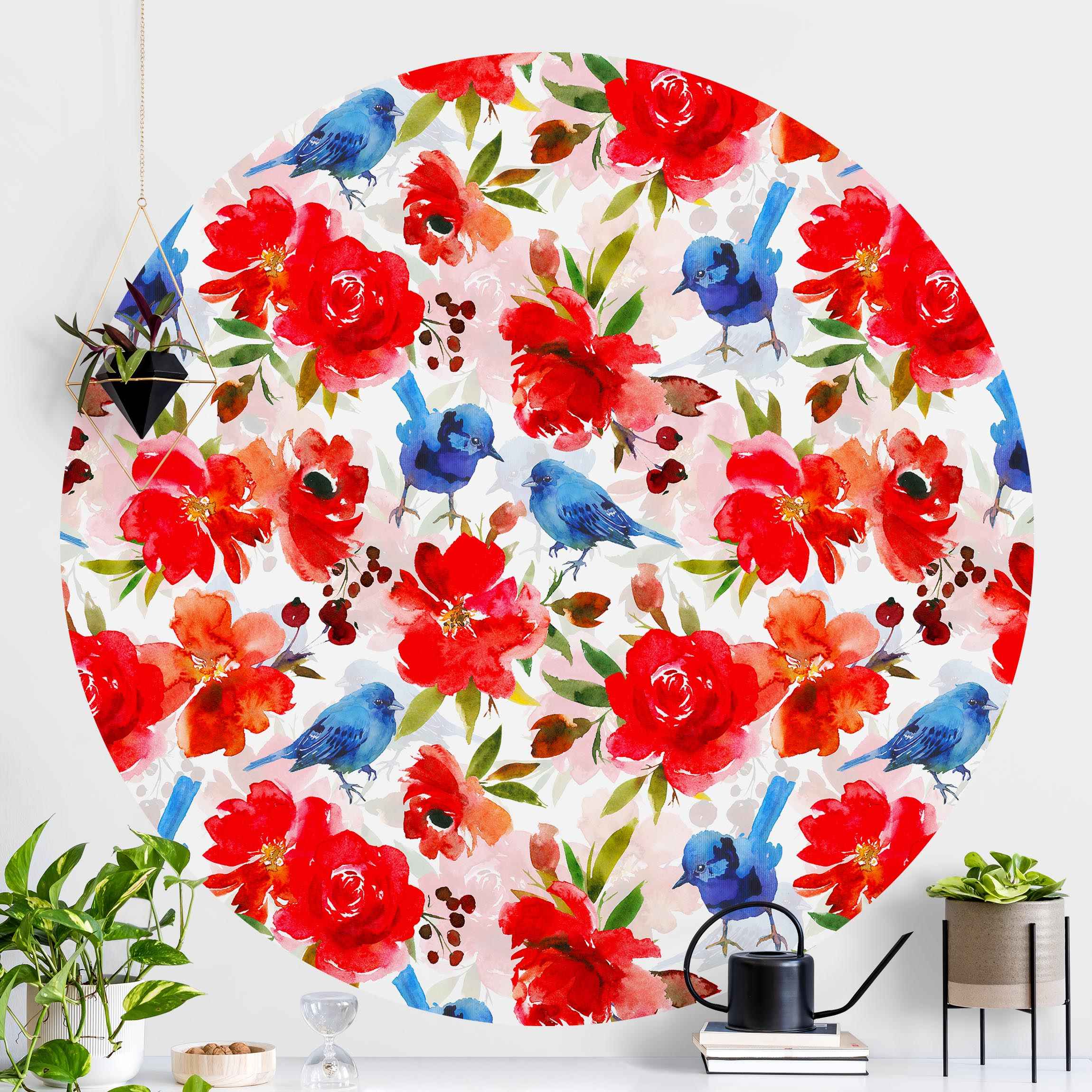 Runde Mustertapete Aquarellierte Vögel in Blau mit Rosen