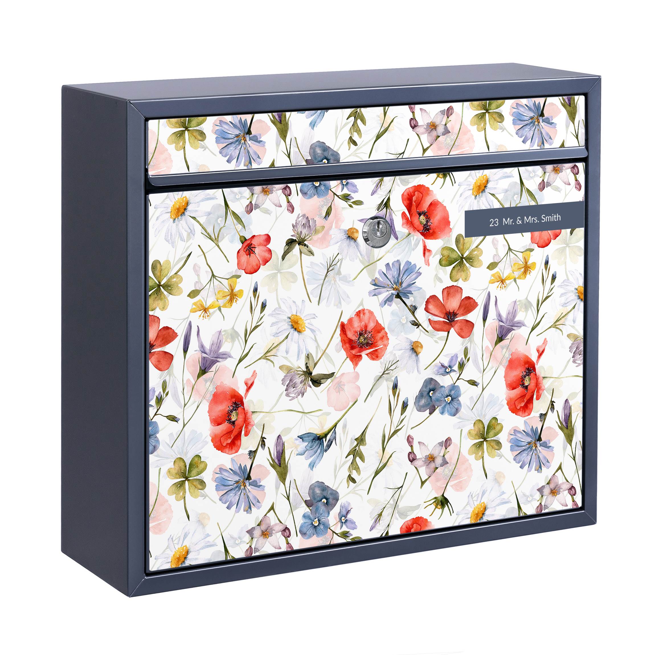 Briefkasten mit eigenem Text Aquarellierter Mohn mit Kleeblatt
