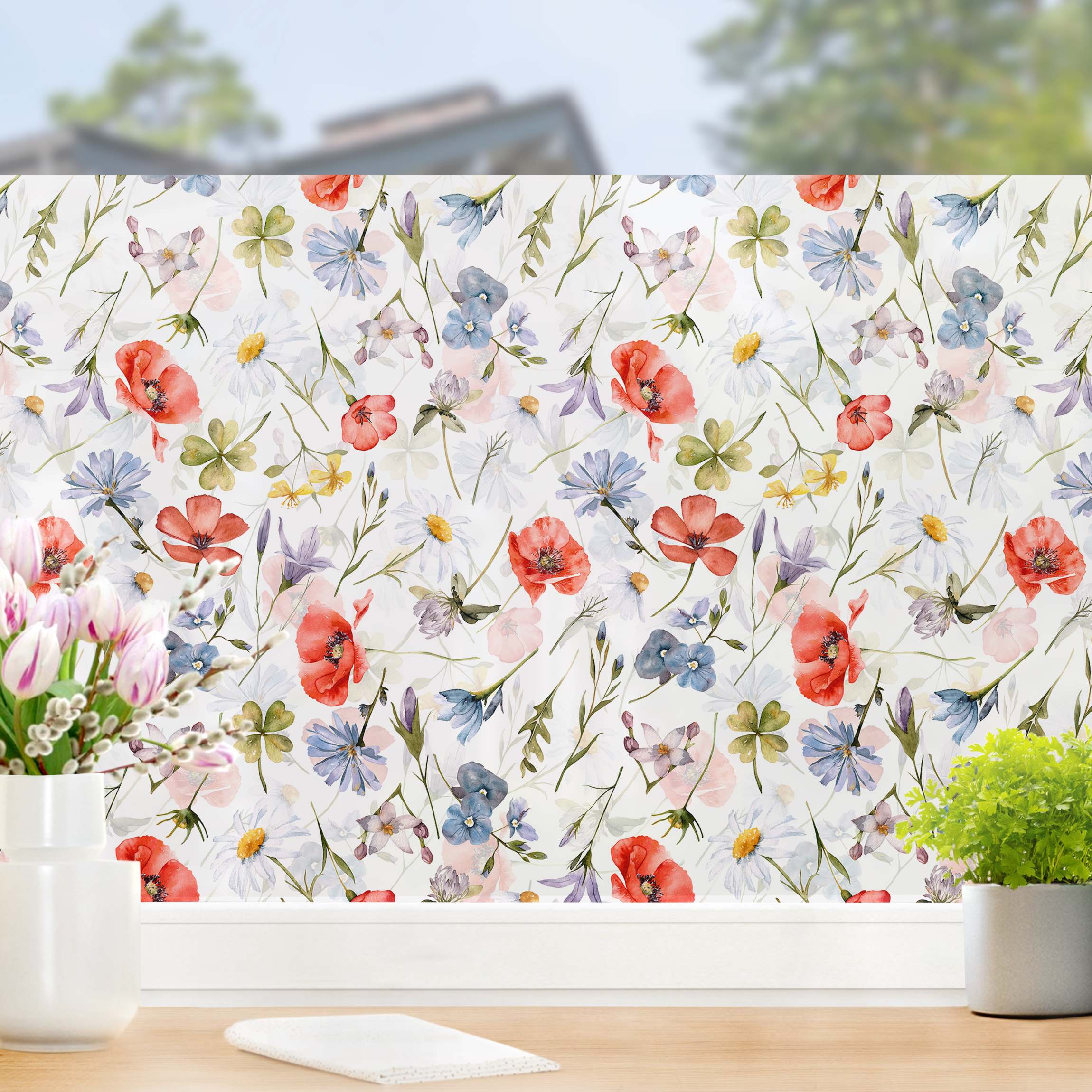 Fensterfolie Aquarellierter Mohn mit Kleeblatt