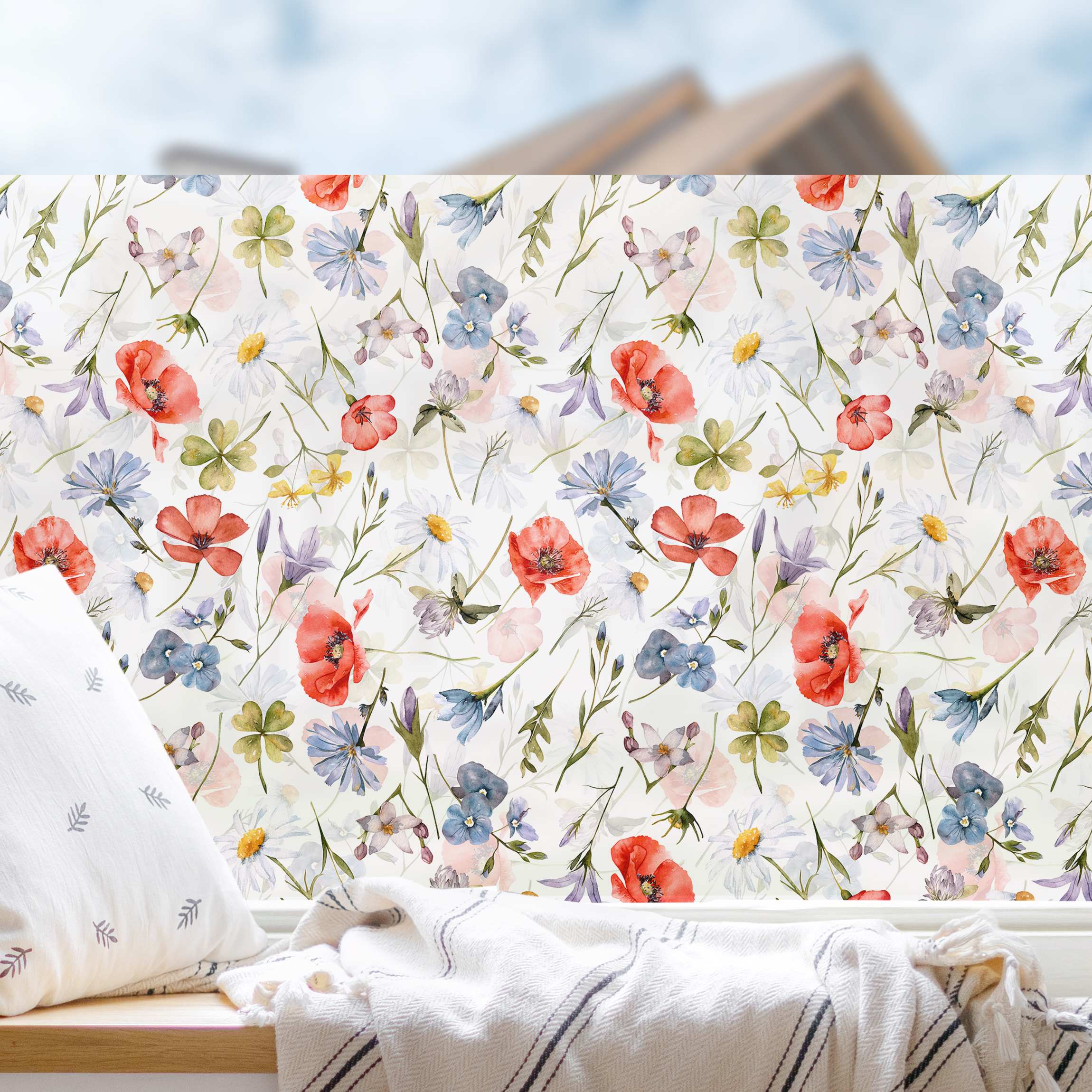 Fensterfolie Aquarellierter Mohn mit Kleeblatt