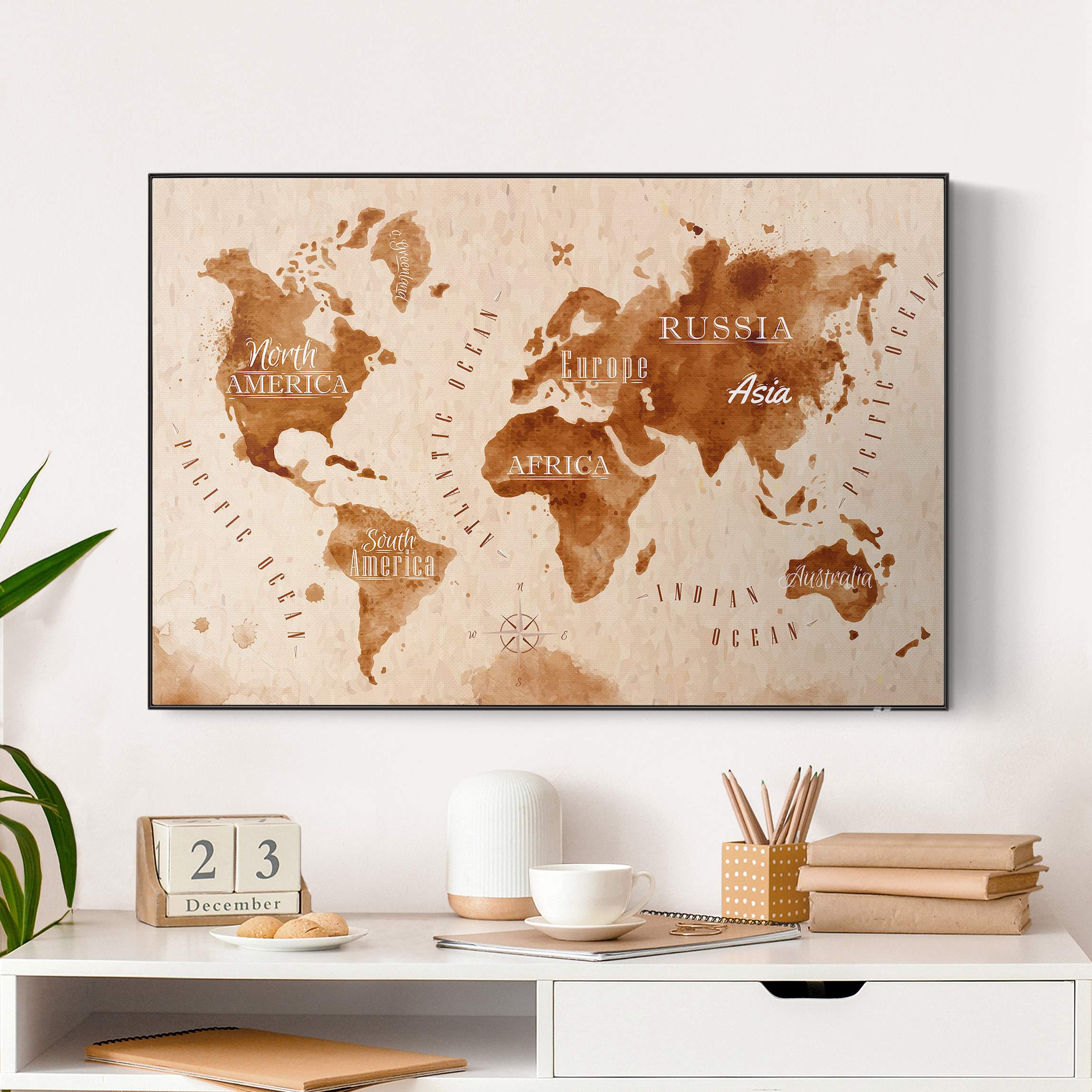 Akustik-Wechselbild Aquarelloptik Weltkarte beige braun