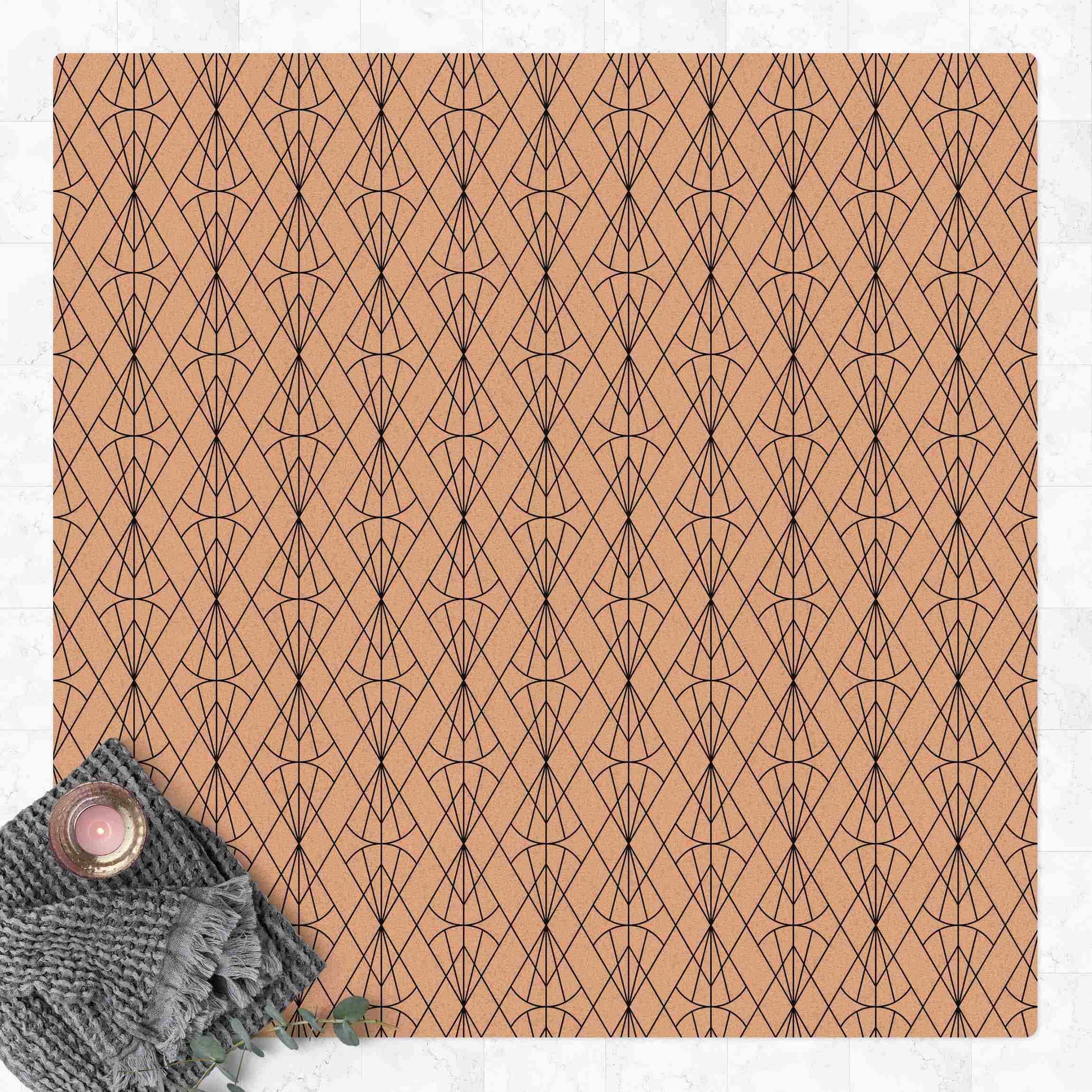 Kork-Teppich Art Deco Diamant Muster in Schwarz XXL